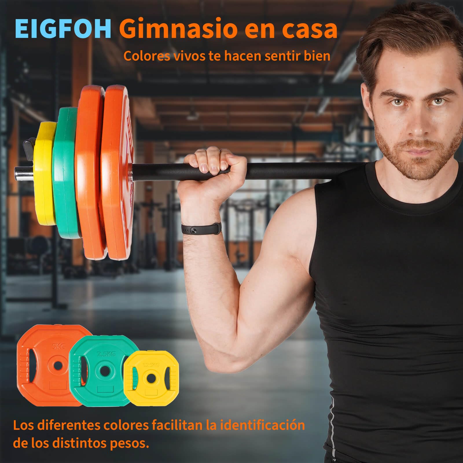 Plástico Set de Pesas con Barra, Discos de Colores de 7.5kg, 5kg, 2.5 kg y 1.25 kg,Juego de Mancuernas de 20/30/40/50kg