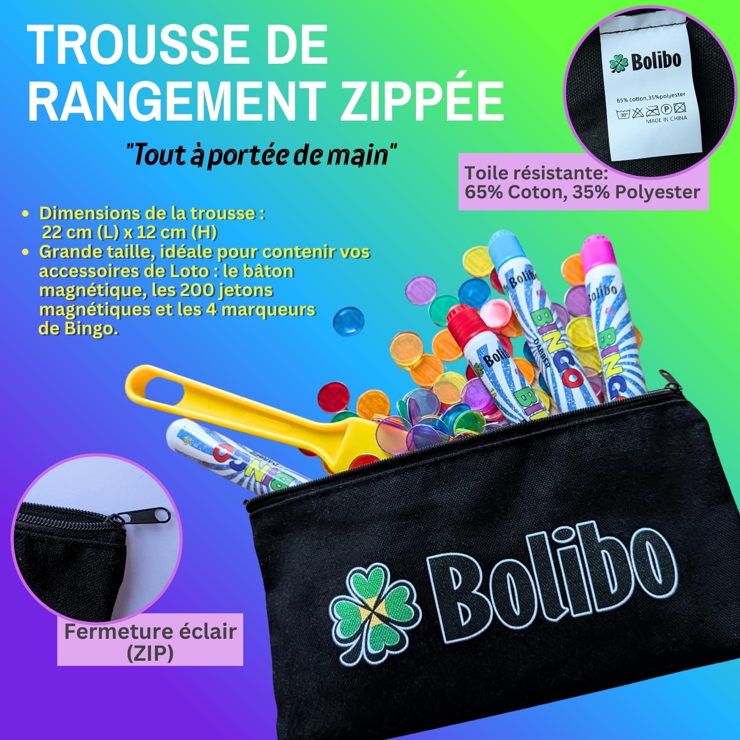 Bolibo Kit 5 en 1 SPÉCIAL Bingo - 1 Sac, 1 Trousse, 4 Marqueurs Bingo, 1 Bâton magnétique et 200 Pions magnétiques - Tous Les Accessoires indispensables pour Les passionnés de Loto/Bingo