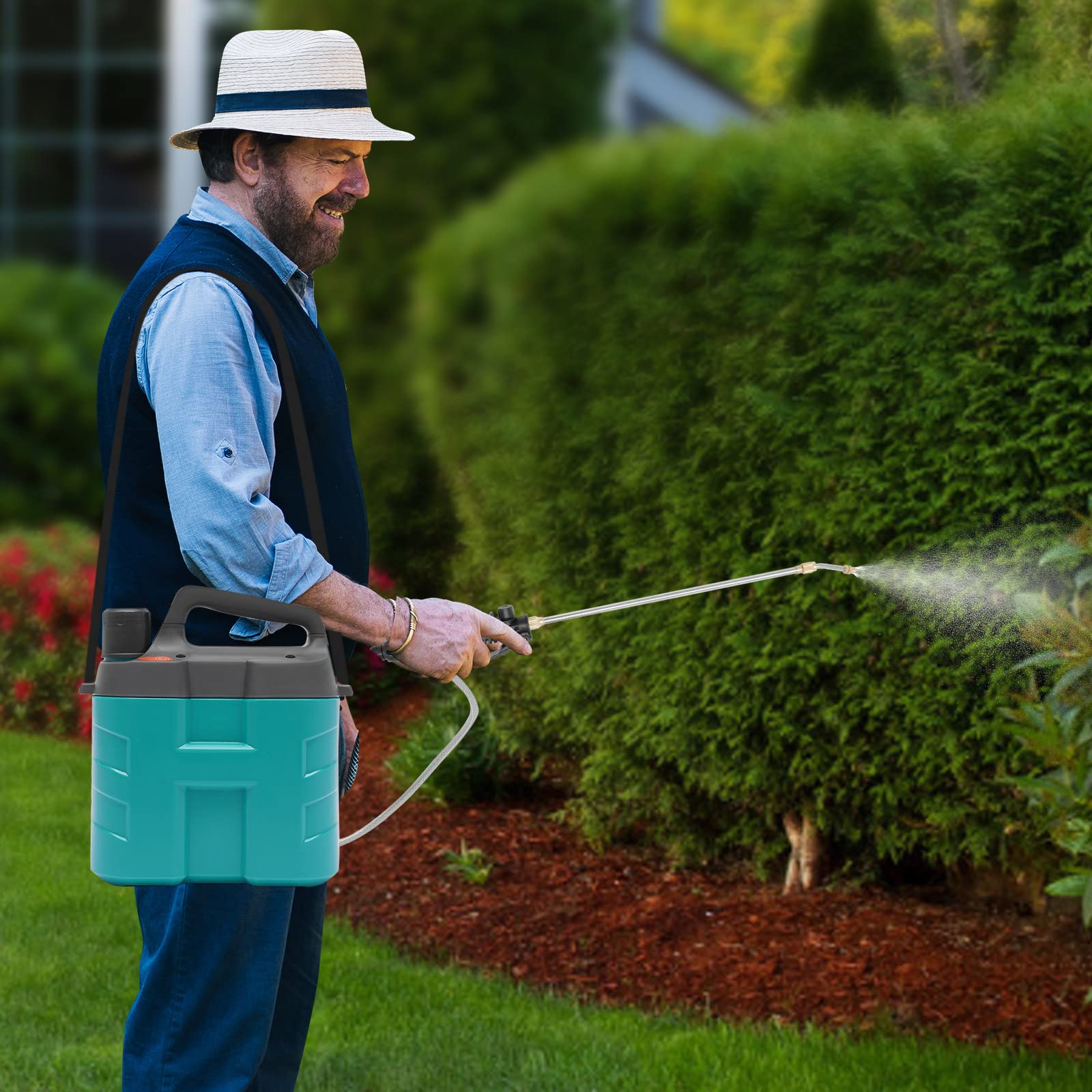 Pulverizador de presión inalámbrico de 8 l, con lanza de pulverización telescópica, 2 modos de columna de agua y niebla fina, rociador de fertilizantes para plantas, con batería de iones de litio y