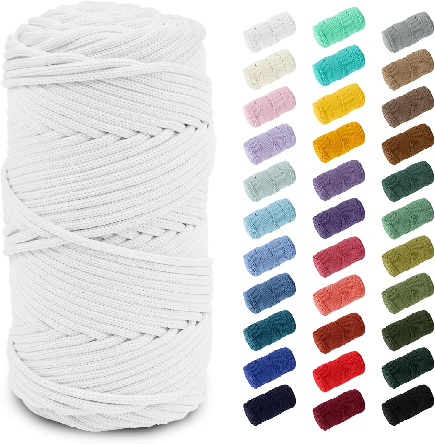 Polyester Macrame Cord 4mm 164 Yards Single Strand Braided Macrame Cord Crochet Bag Thread Soft Polyester Yarn for Crocheting and Knitting Bags, Wall Hanging, Plant Hangers (White)