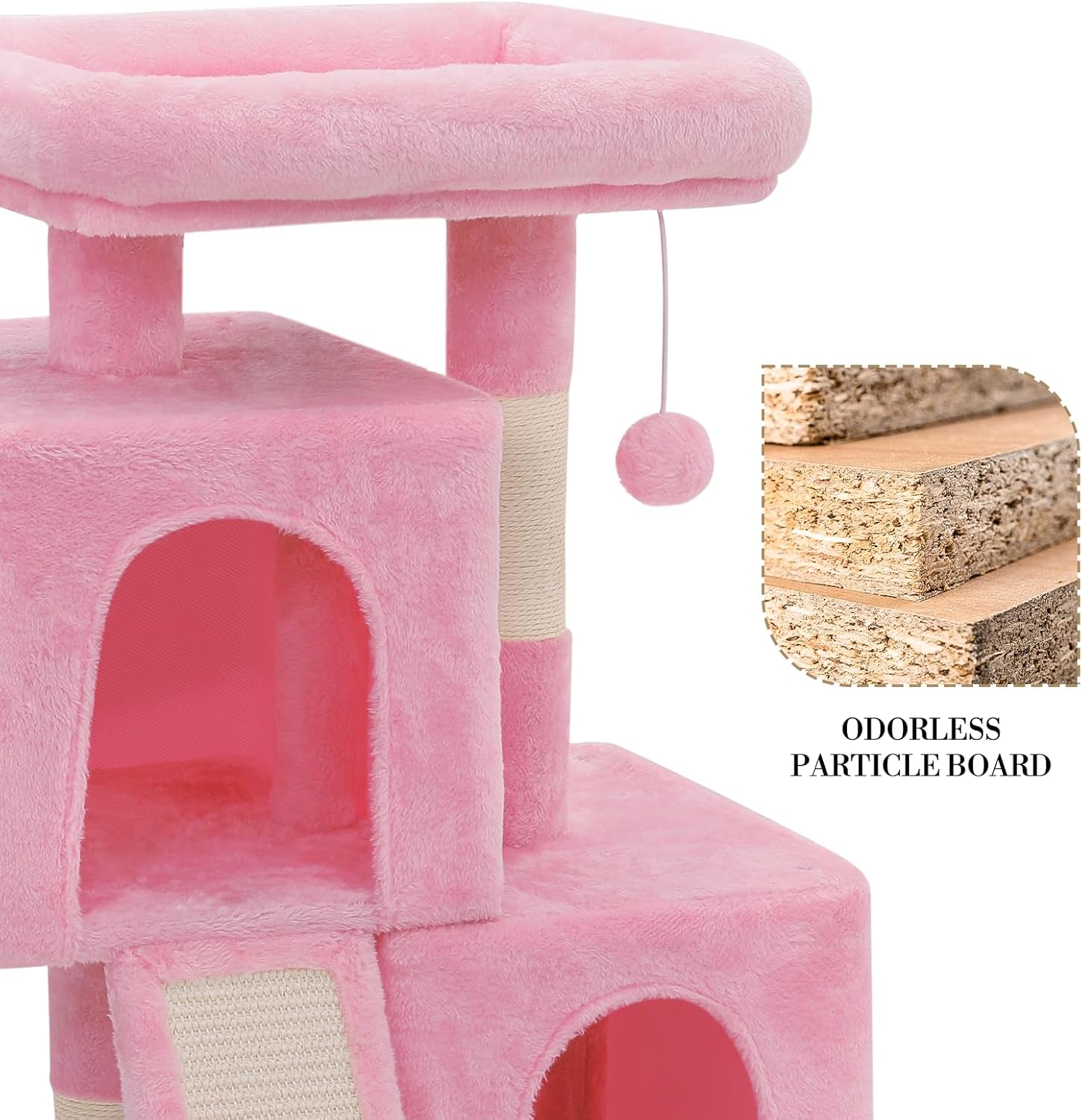 Athena Collection Small Cat Tree, Modern 34 Inch Cute Cat Tree Tower with Scratching Post 2 Condo Activity Platform and Playing Ball for Indoor, Pink