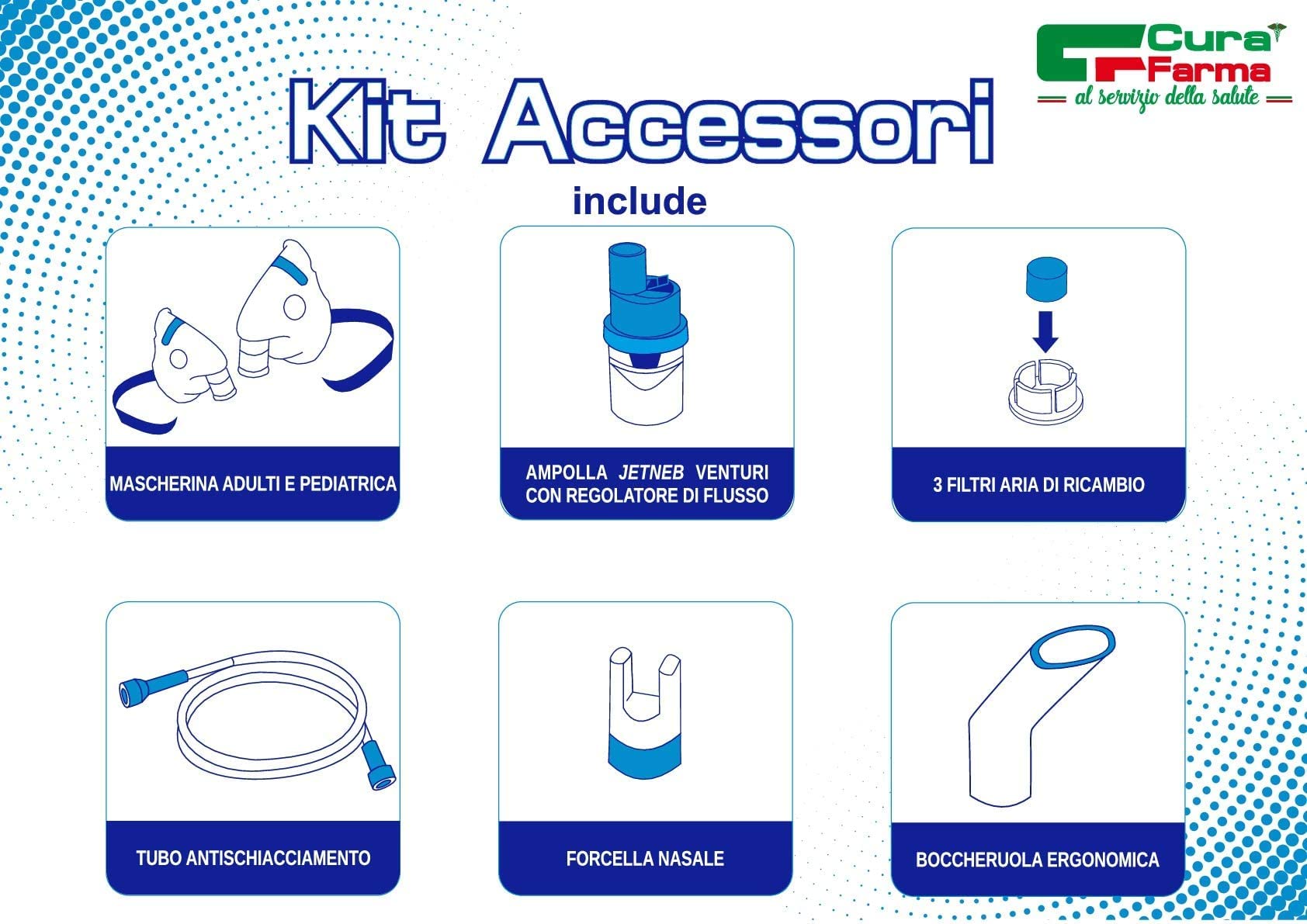 CURA FARMA CuraNeb - Kit Ricambio Universale per Aerosol a Pistone con Ampolla, Mascherina Adulti e Bambini, Tubo, Forcella, Boccheruola Compatibile con Nebula Aerosol Microlife, Dispositivo Medico CE