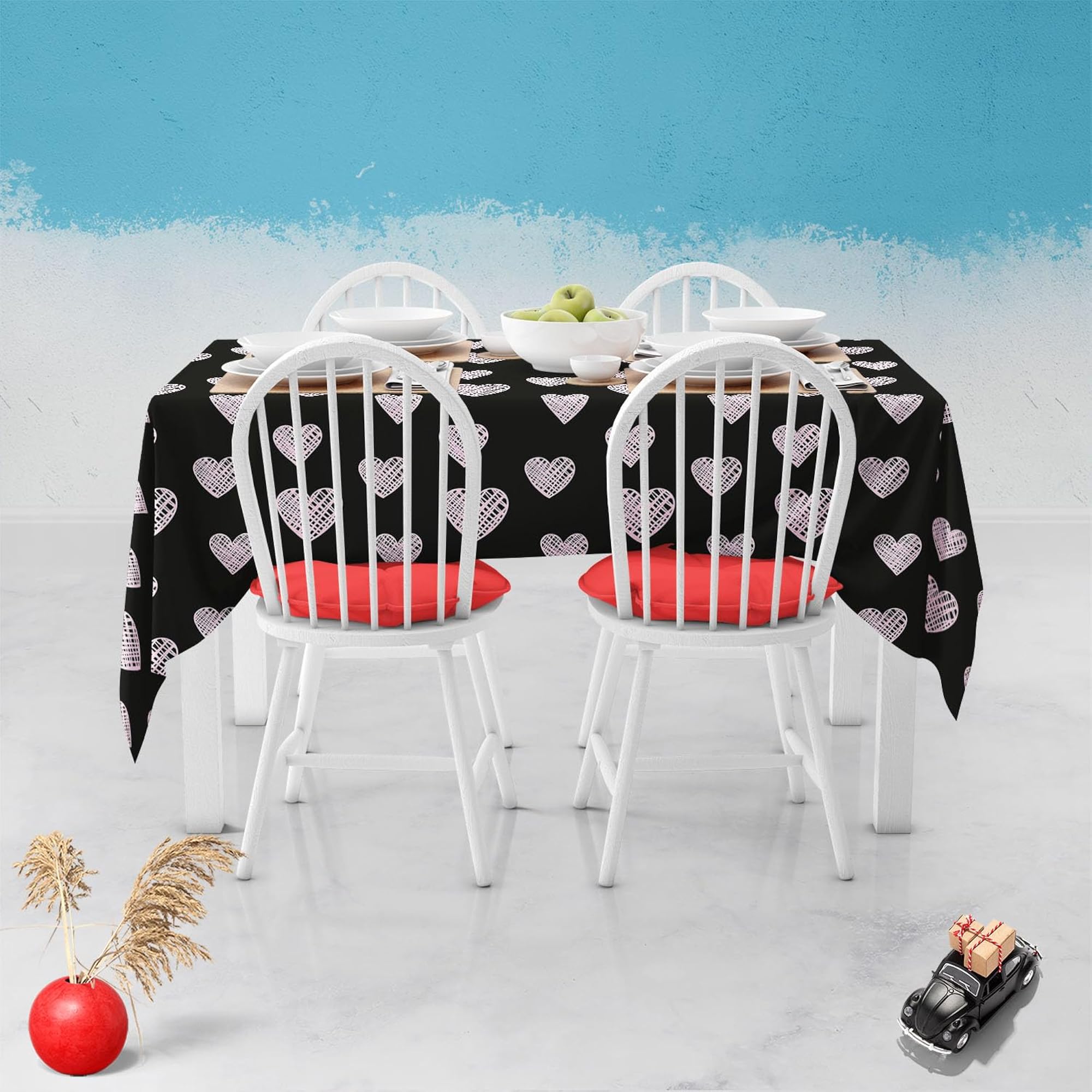 Blissful Hearts Cotton Canvas Table Cloth Cover for Dining
