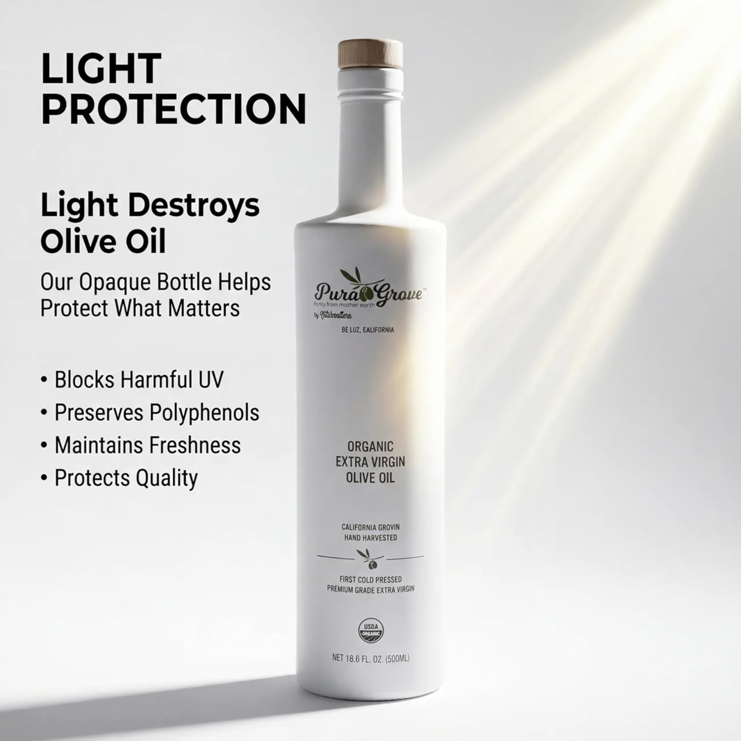 Pura Grove Organic Cold Pressed Extra Virgin Olive Oil Premium Grade - High Polyphenol - Hand Harvested & California Grown - 16.9Oz Opaque Glass Bottle 2024 Harvest 2025 Bottled