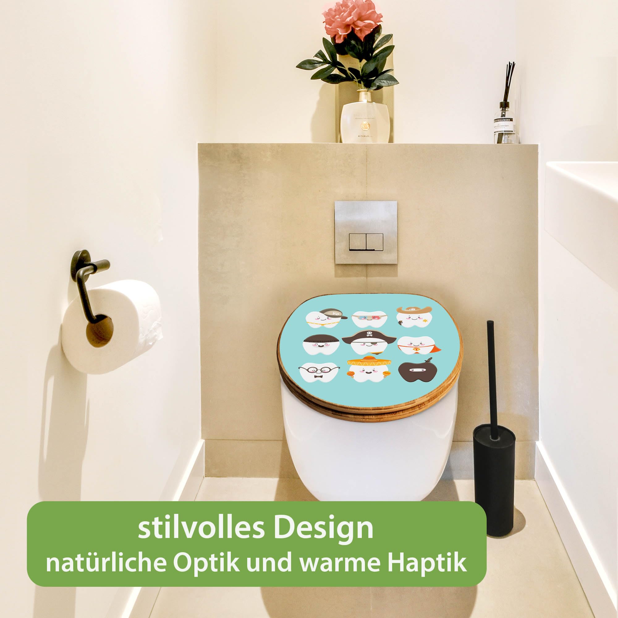 banjado Design WC Sitz Bambus Absenkautomatik 45,8x37,5cm - Toilettendeckel mit Absenkautomatik Holz - hochwertiger Bambus Klodeckel - WC-Sitz für gängigen Toiletten - Motiv Neun Zähne