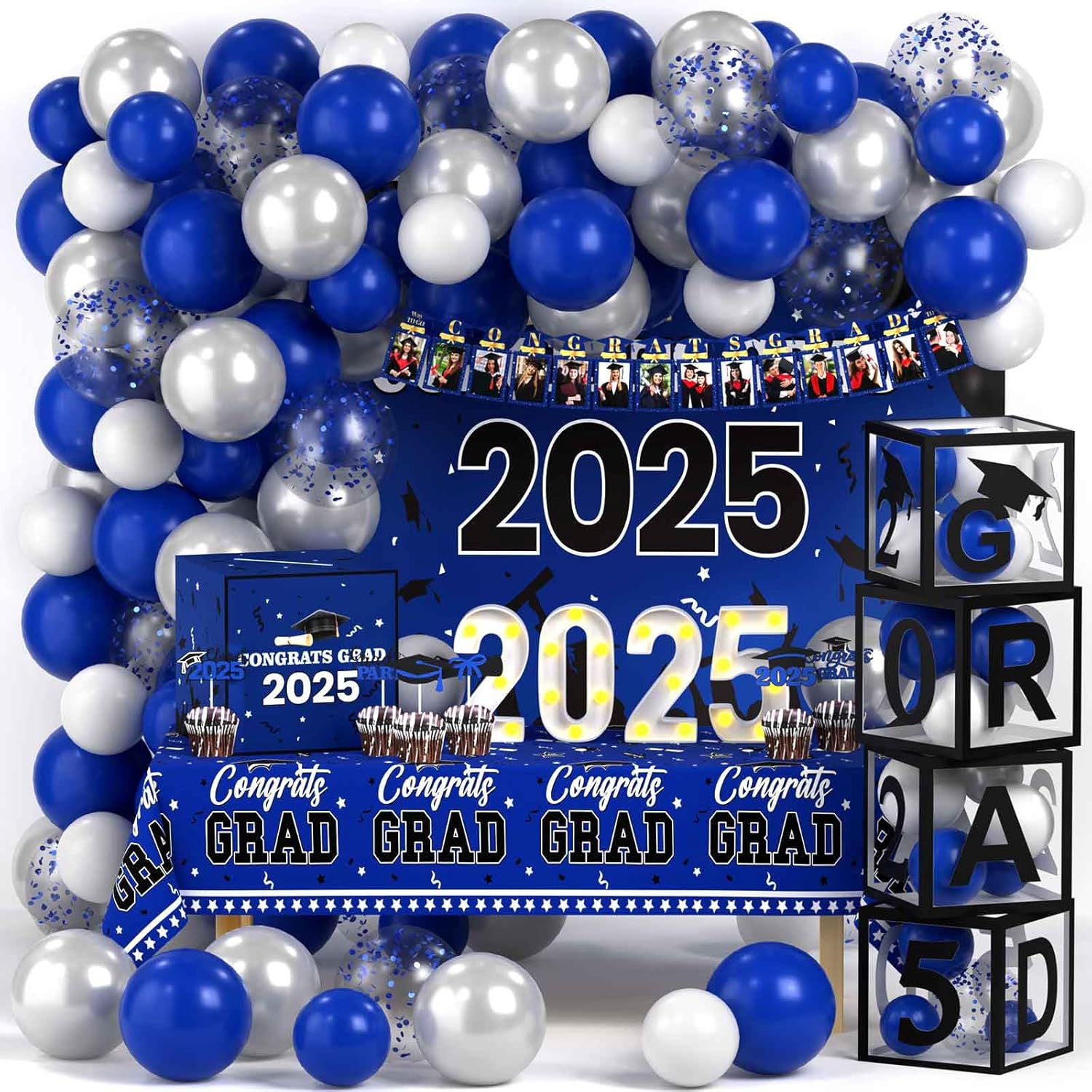 114 Pcs Graduation Decorations Class of 2025 Include Grad Backdrop Balloons Photo Banner Graduation Card Box Holder Balloon Boxes Cake Toppers Light up Numbers 2025 Tablecloth(Black, Blue)