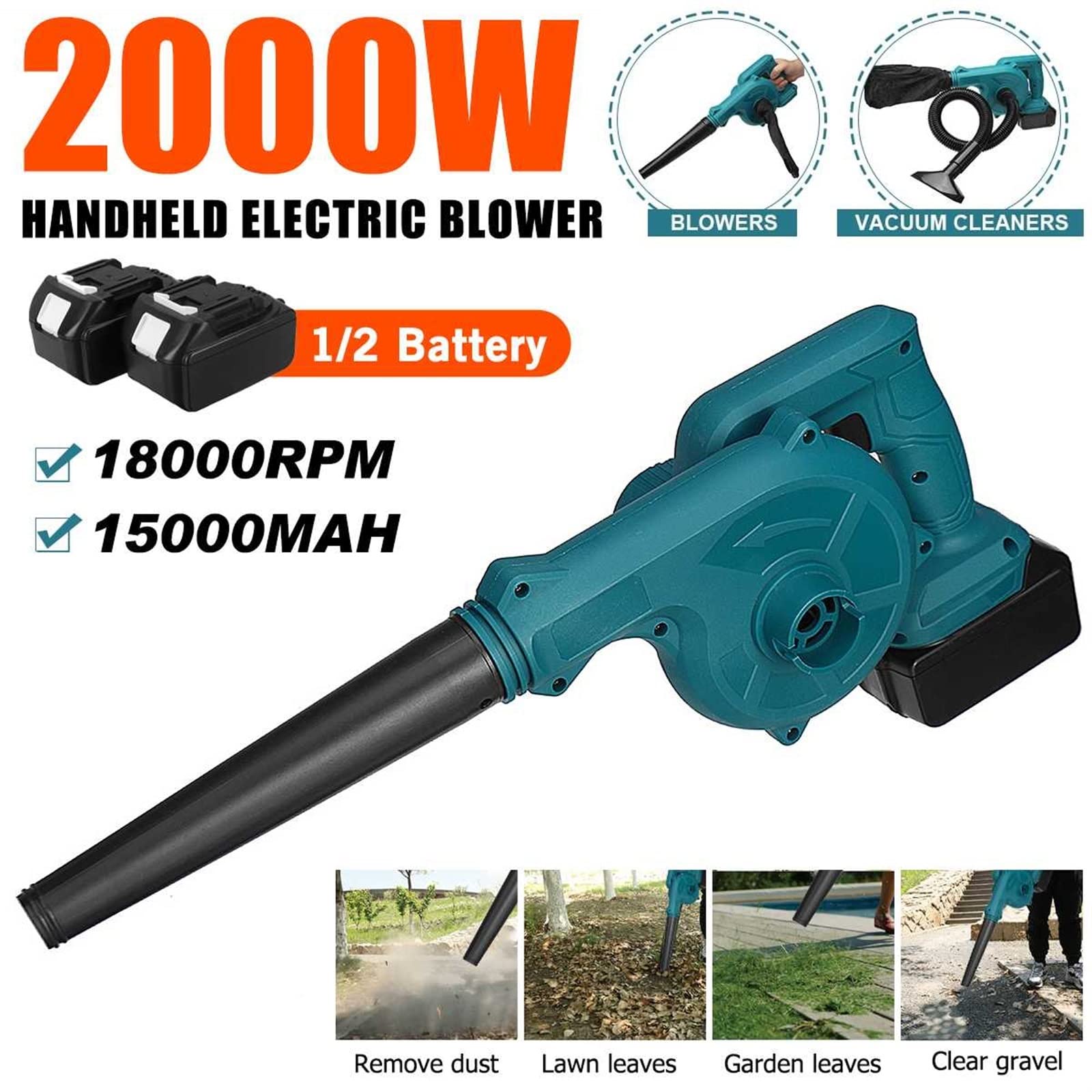 Soplador inalámbrico for jardín, soplador de aire de 2000W for limpieza al vacío, for soplar polvo, colector de ordenador, herramienta eléctrica manual(Blue 1B)