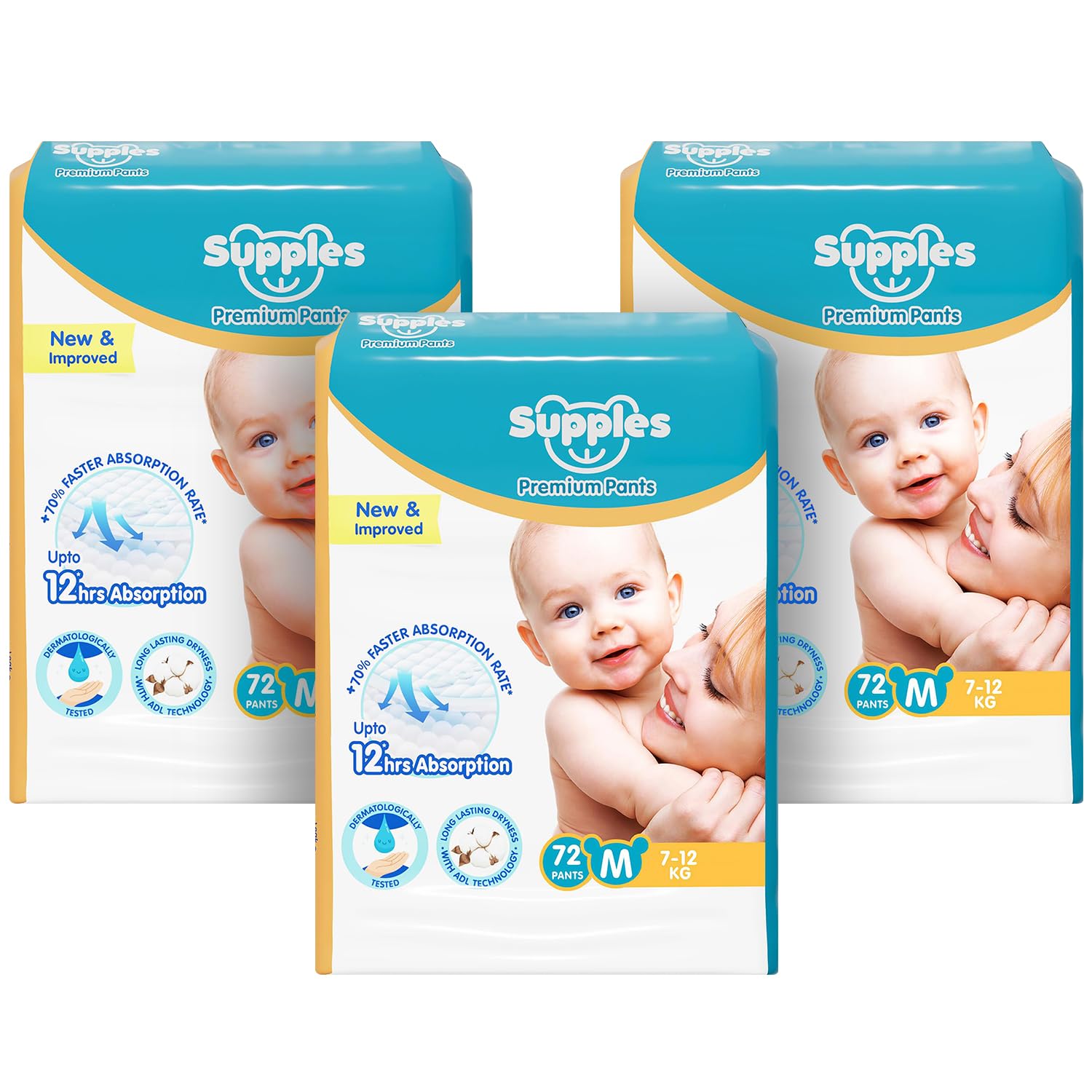 Supples Baby Diaper Pants M Pack of 3 Super Jumbo Box (216 Piece)