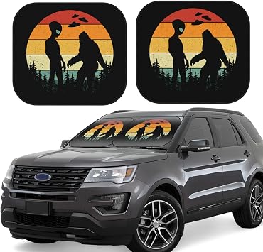 NEZIH UFO Alien and Bigfoot Moon 2 Piece Car Windshield Sun Shade for Front Window Blocks Foldable Automotive Interior Accessories Protection Most Sedans SUV Truck