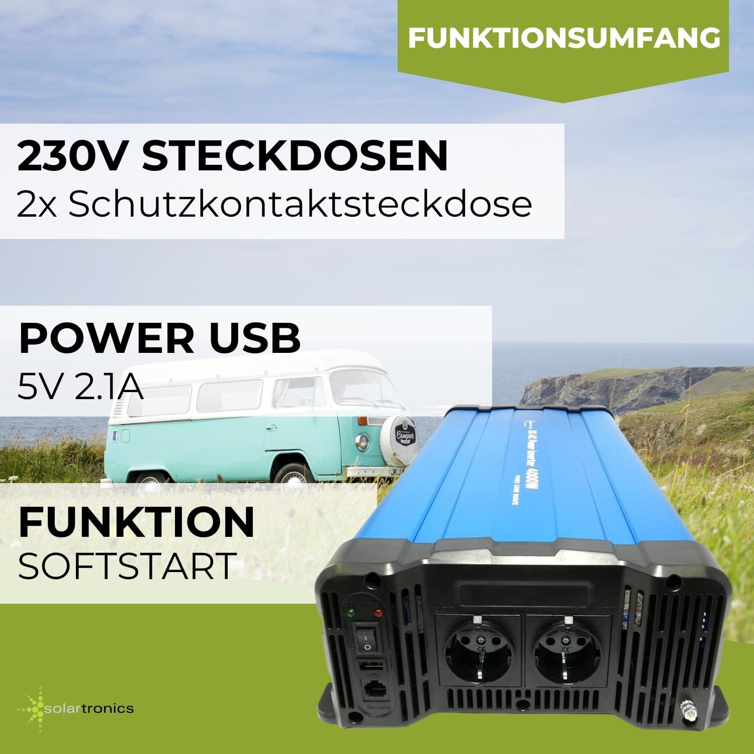 solartronics FS4000DR przetwornica napięcia 24 V na 230 V 4000 W, czysta sinusoida, niebieski falownik solarny bez pilota zdalnego sterowania
