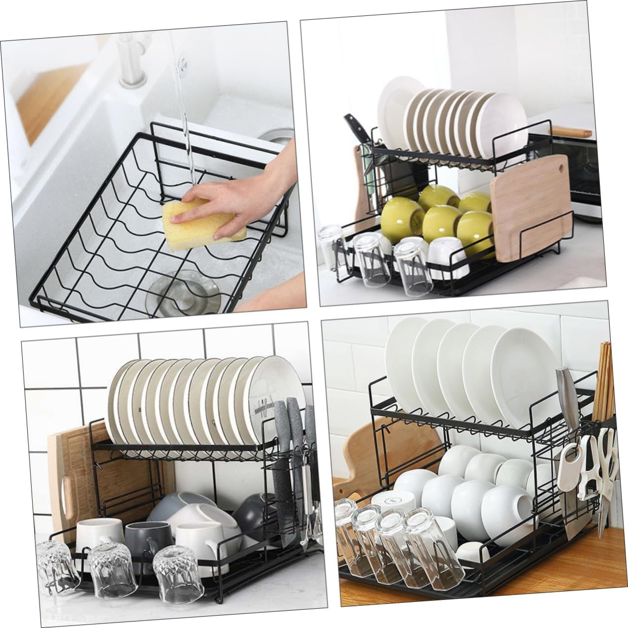 Luxshiny 2-Tier Black Dish Rack Kitchen Organizer Multipurpose Dish Drainer and Utensil Holder for Sink Storage and Drying