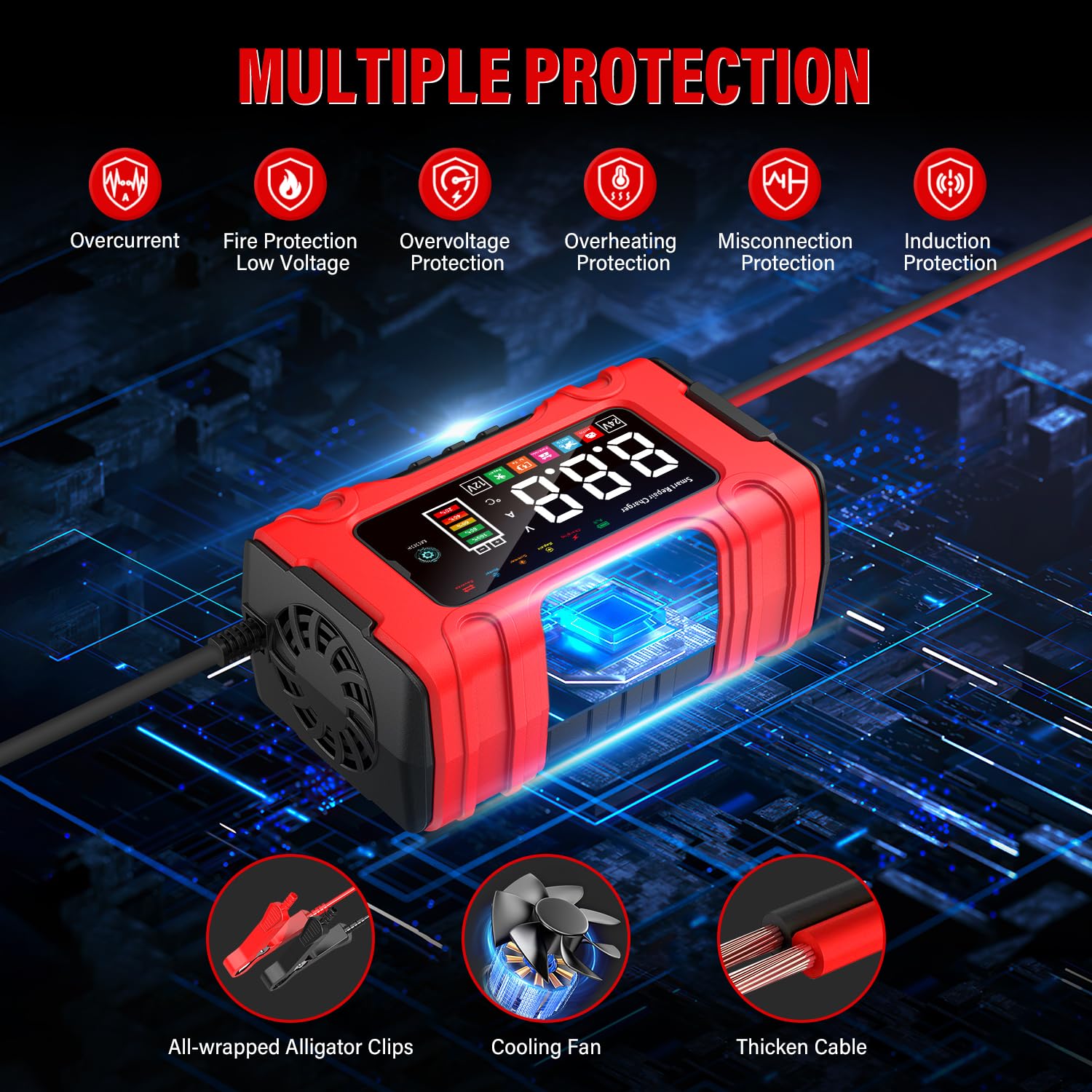 Cargador de Bateria de Coche 10A, 12V/24V Mantenedor Bateria Moto con Modo de Reparación y Carga Lenta para Automóviles, Motocicletas y Camiones, Baterías AGM, Gel, Húmedas, SLA y LiFePO4