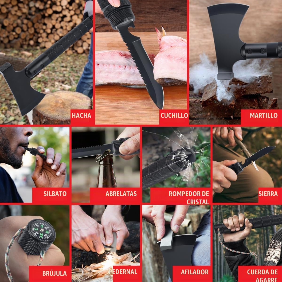 Topór survivalowy 11 w 1 Multitool Topór - Topór zewnętrzny z 11 funkcjami: topór, krzemień, nóż, osełka, piła, młotek i Wiele więcej - Idealne narzędzie survivalowe