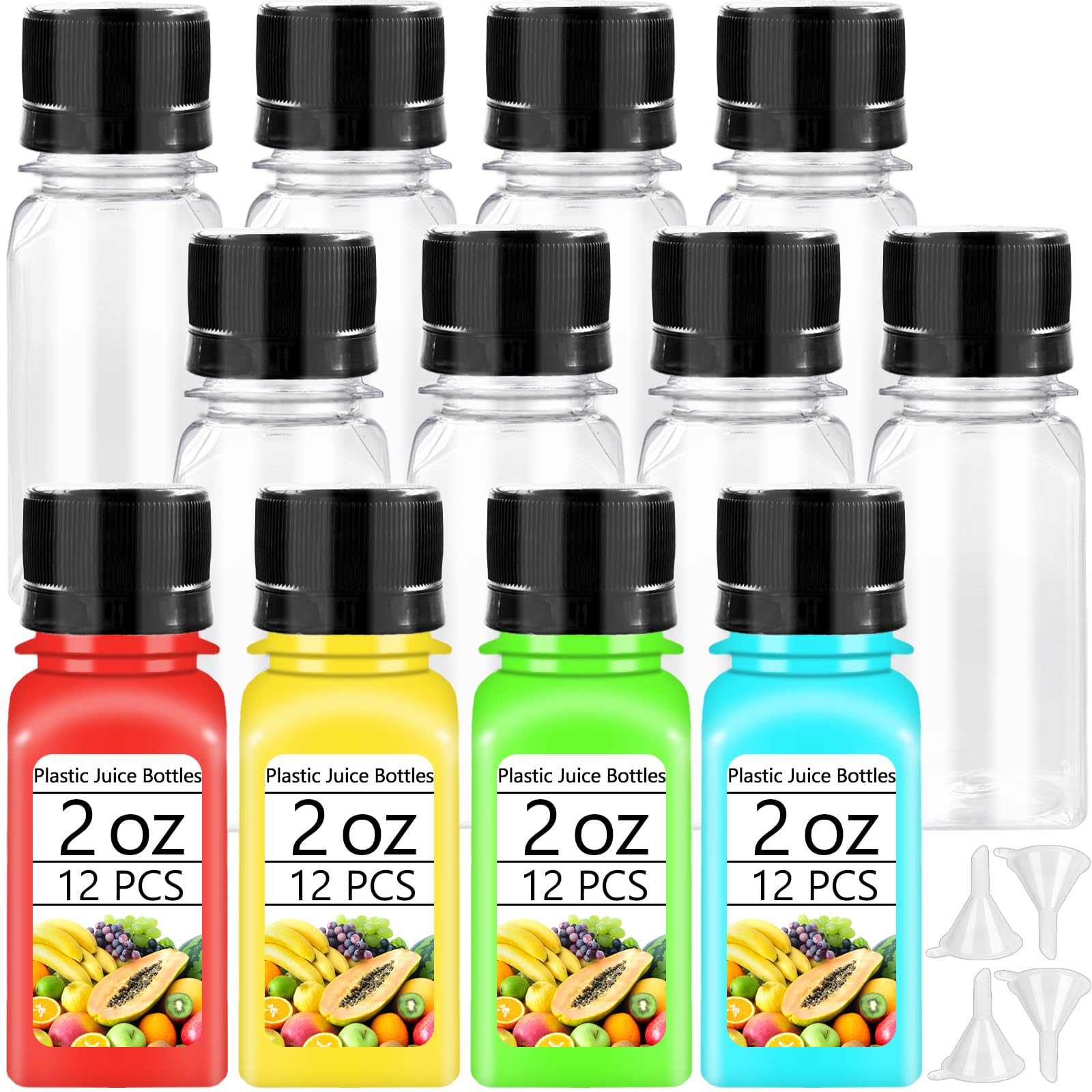 Haawooky 12 Pcs 2oz Small Shot Bottles with Black Caps,Plastic Ginger Shots Containers with 4 Funnels,Clear Empty Plastic Juice Bottles for Juice,
