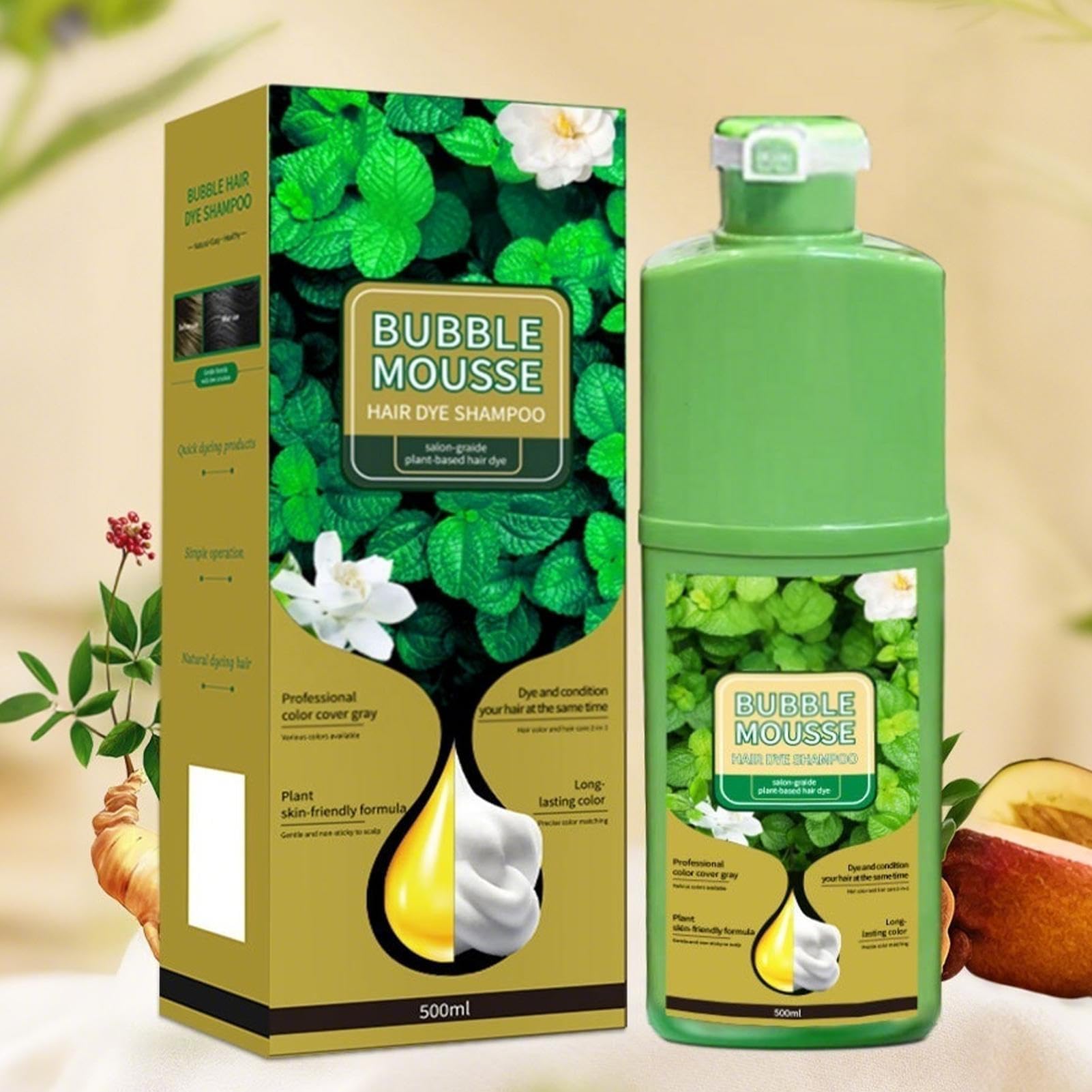 Bubble Mousse Shampoo, 500ml Bubble Mousse Hair Dye Shampoo, Langlebig Pflanzliche Schaumhaarfarbe, Schnell Wirkende Haarfärbefärke Blasen Haarfarbstoffe Für Alle Haartypen (Schwarz)
