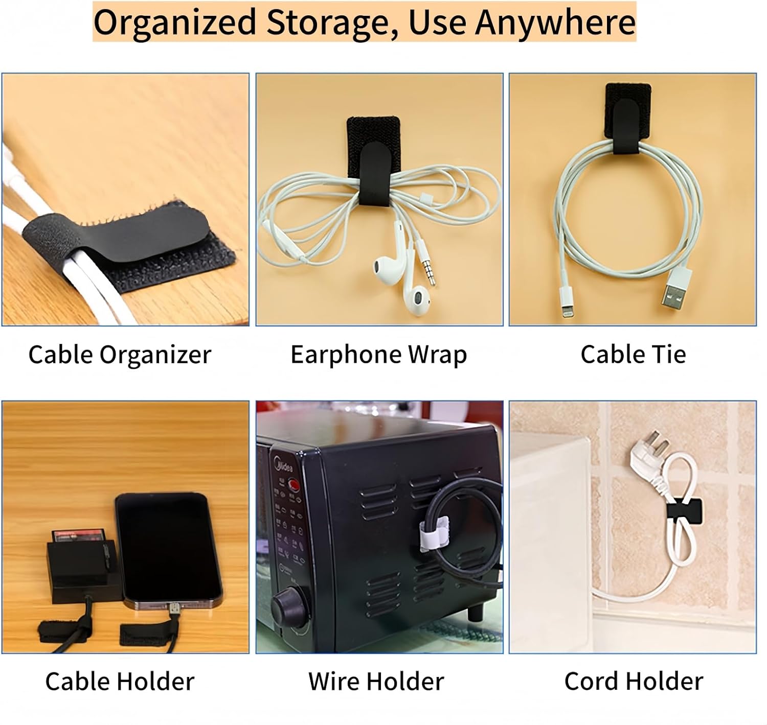 Gray Adhesive Cable Ties – 20PCS Hook and Loop Sticky Back Straps, Cord Organizer Ties for Wire Management