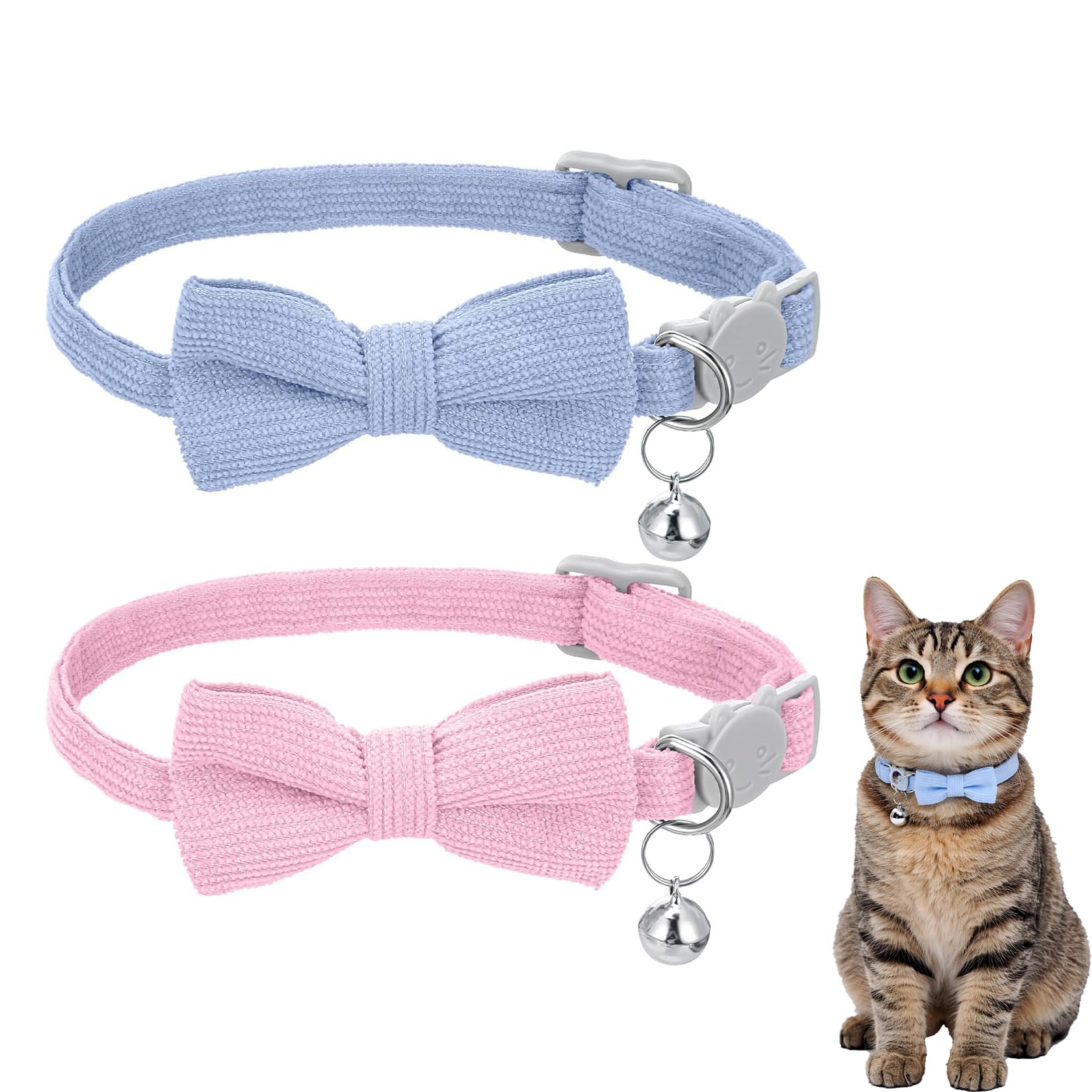 2-Pack Cat Bow Tie Collar with Bell - Adjustable Breakaway Safety Corduroy Collars with Quick Release Buckle for Kittens and Small Cats in Pink and Light Blue, Soft Textured Pet Accessories