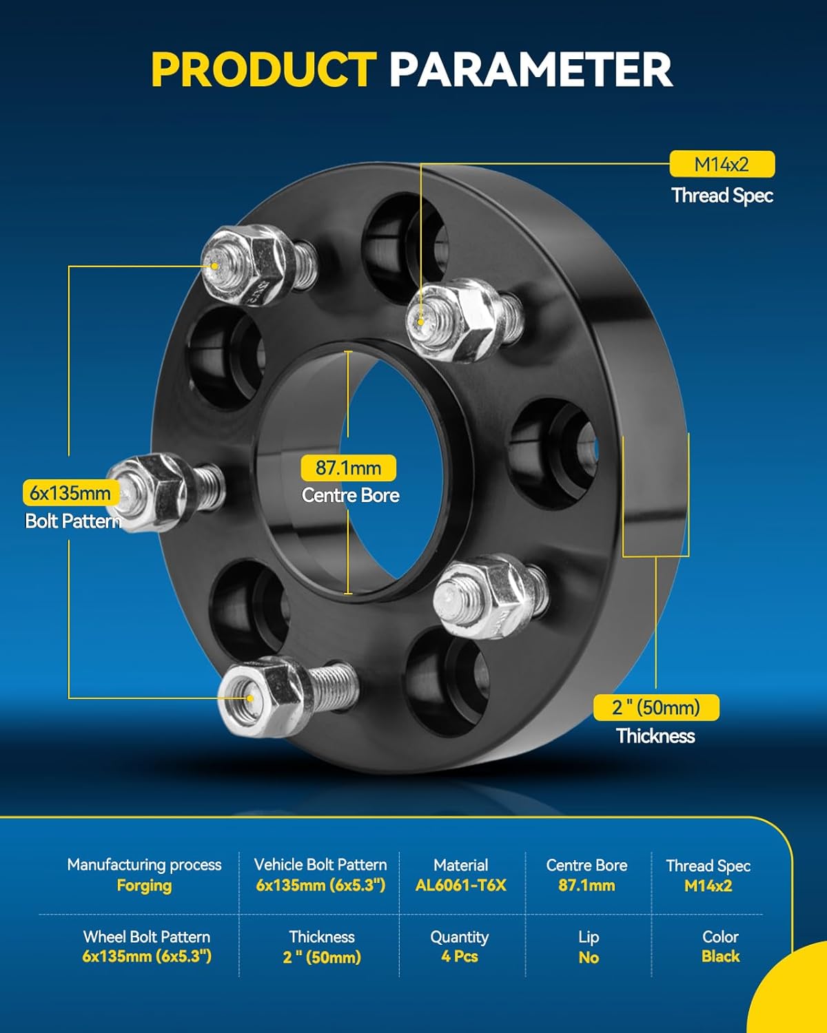 PHILTOP 2 inch 6x135mm Wheel Spacers with M14x2 Studs & 87.1mm Center Bore,4pcs Forged 6x135mm Lug Wheel Spacers for F-150, Expedition, F-150 Heritage, Mark LT, Navigator