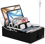 Pezin & Hulin Station de télépéage du bambou, station d'accueil téléphonique multichargeur, grande boîte de stockage de fils et organisateurs pour les câbles Hider (incluez 10-Port USB Chargeur et 6 Câbles) -Natural+White