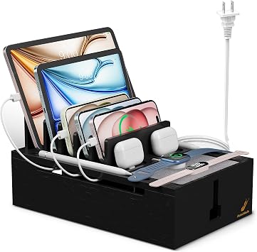 Pezin & Hulin Bamboo Charging Station for Multiple Devices, USB Charger Dock Organizer, with Power Supply 10 Ports HUB, 6 Cables, Cable Management Organizer for Cell Phones, Tablets -Black