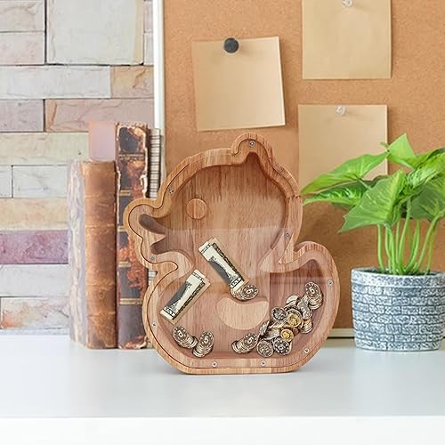 Miniatura 5 de Alcancía de pato para niños y niñas, banco de monedas de madera de animales en 3D, caja de ahorro de dinero transparente irrompible para niños,