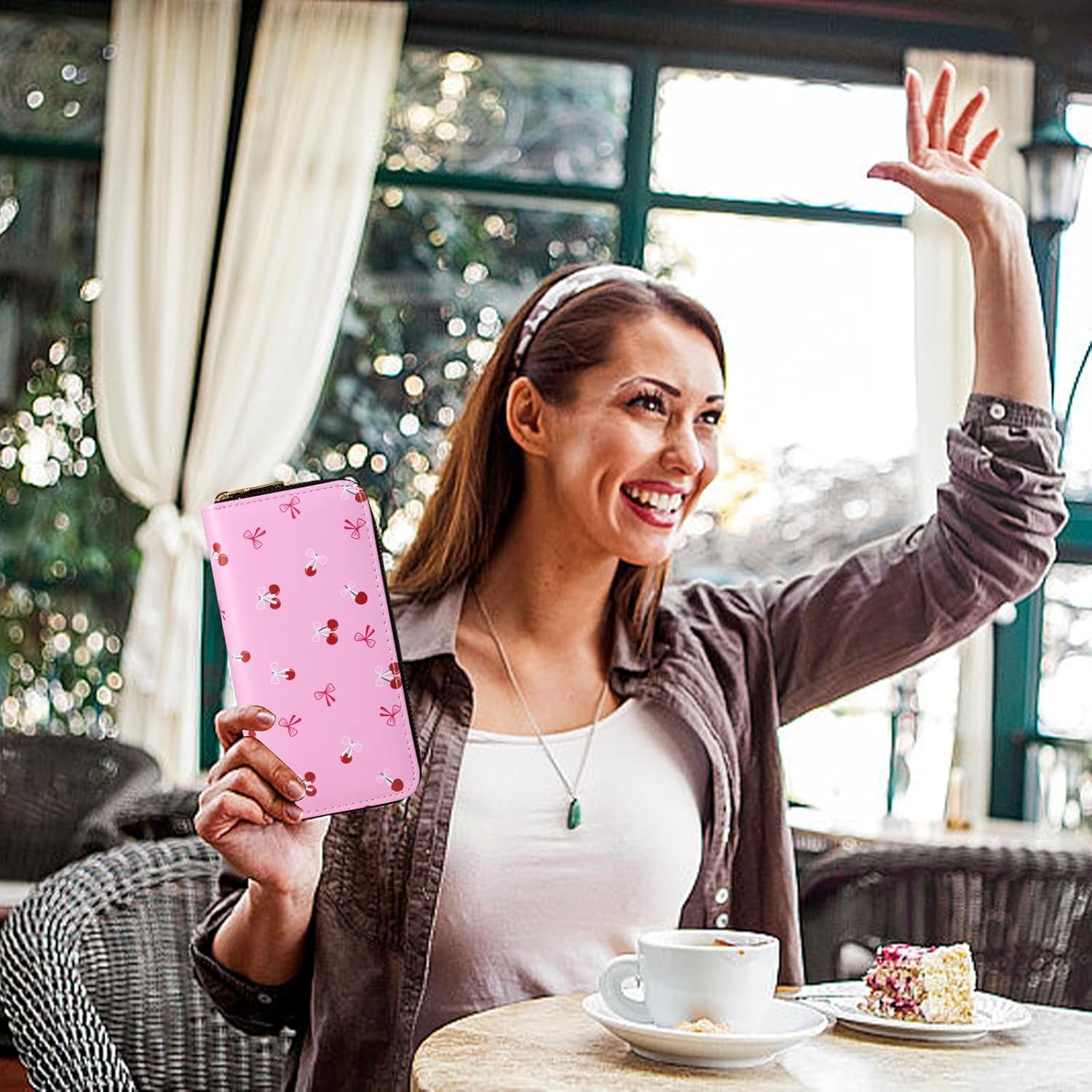 Cherry Wallets for Women Large Capacity 2 Zipper Fruit Ladies Purse Bow Credit Card Holder Pink - Image 3