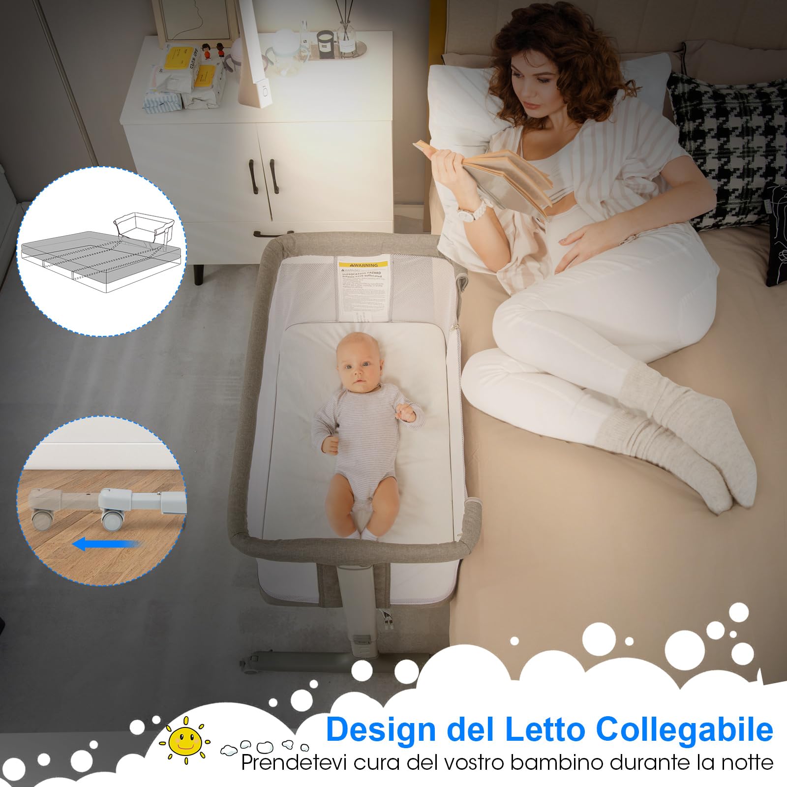 COSTWAY 3 in 1 Culla Neonato Fianco Letto, Lettino Neonato Dondolo con Materasso, Culla Co-Sleeping Fino a 9 kg, Altezza Regolabili, 84 x 59,5 x 80,5cm (Grigio)