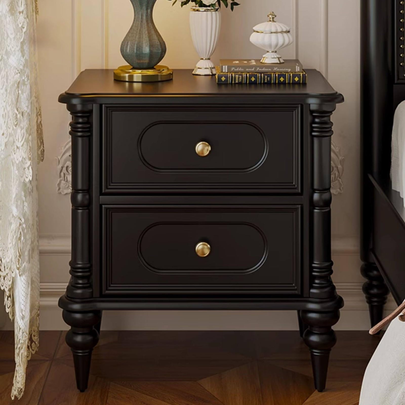 SXZenSpace Solid Wood Nightstand with 2 Storage Drawers Night Stand Vintage Bedside Table for Bedroom Closet Entryway(Black)