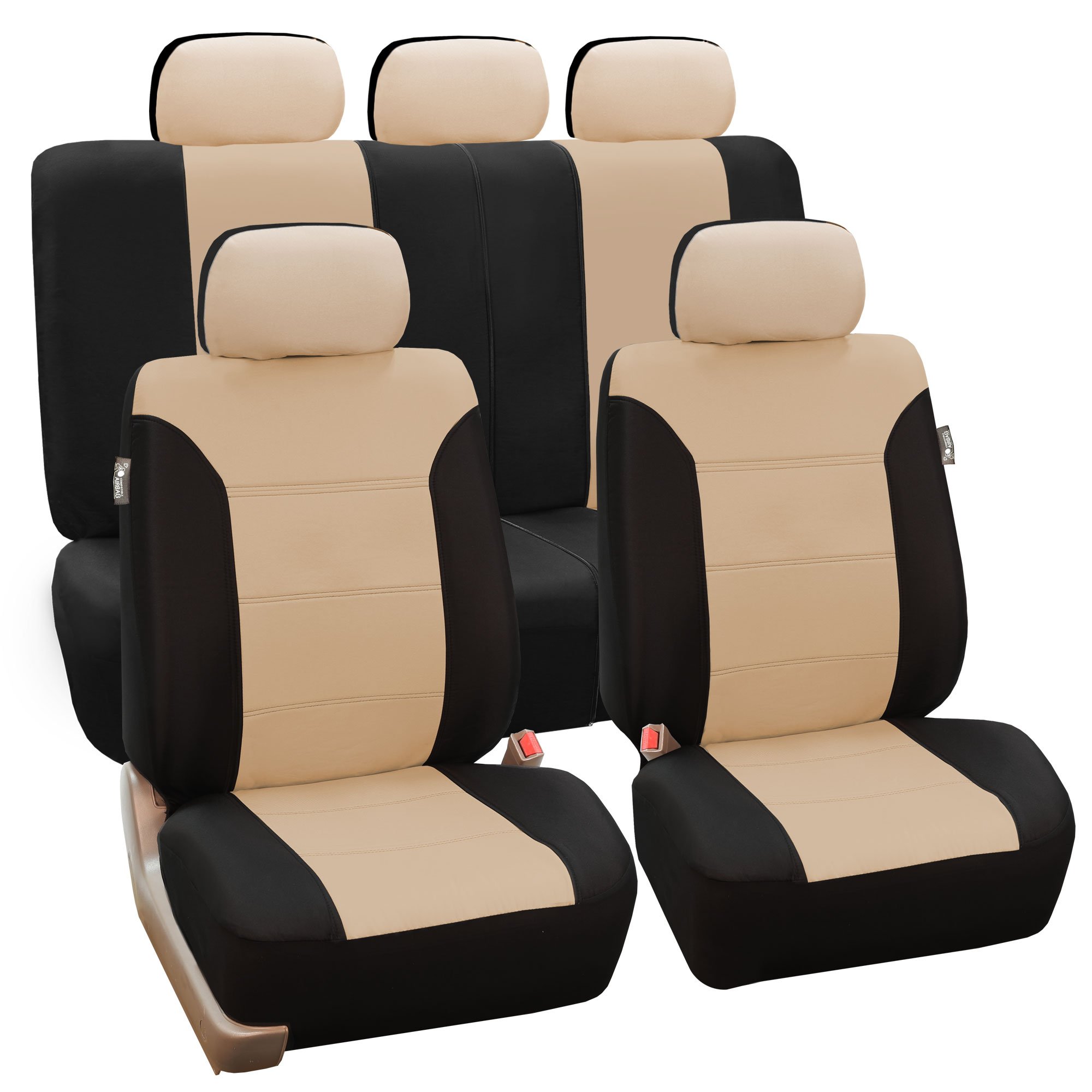 TLH Automotive Car Seat Covers Classic Khaki Seat Covers Full Set Beige Seat Covers Airbag Compatible and Split Rear Car Seat Cover Universal Fit Interior Accessories for Cars Trucks and SUV