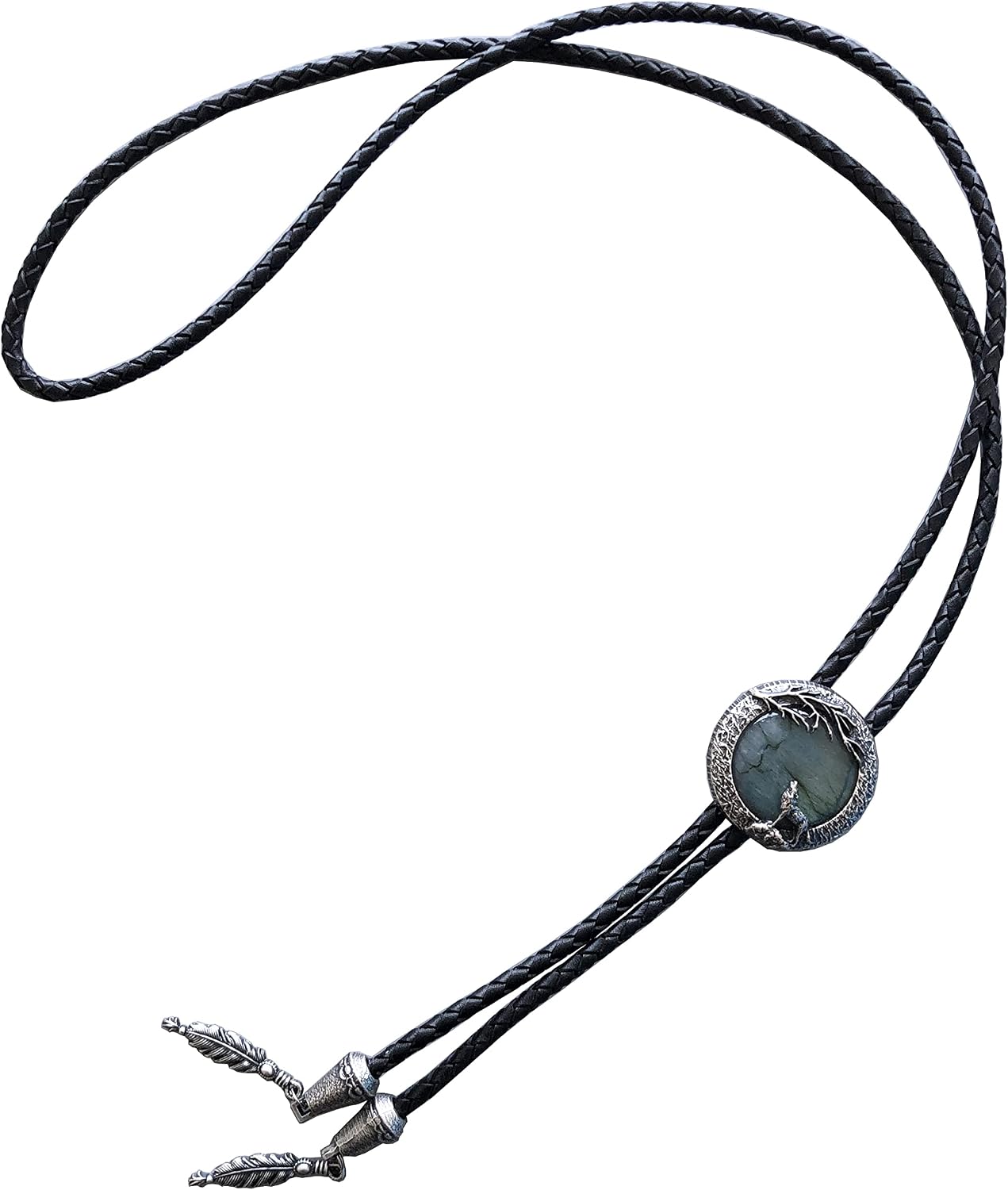 JEAN'S FRIEND Vintage Silver Handcraft Labradorite Stone Round Men Bolo Tie Each Stone is Unique