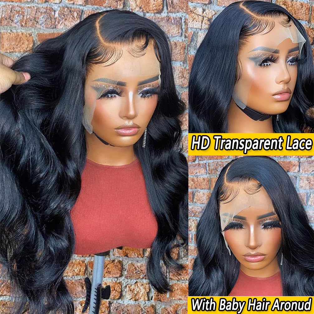 13x6 Lace Front Wigs Human Hair Lace Front Pre Plucked 220% Density Glueless Human Hair Wigs for Black Women HD Transparent Lace Frontal Wigs Natural Black 22 Inch