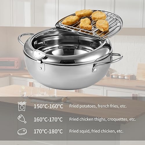Miniatura 4 de Olla para freidora, 9.4 pulgadas3.4 L de tempura Janpanese con tapa, termómetro de acero inoxidable con control de temperatura y escurridor de goteo