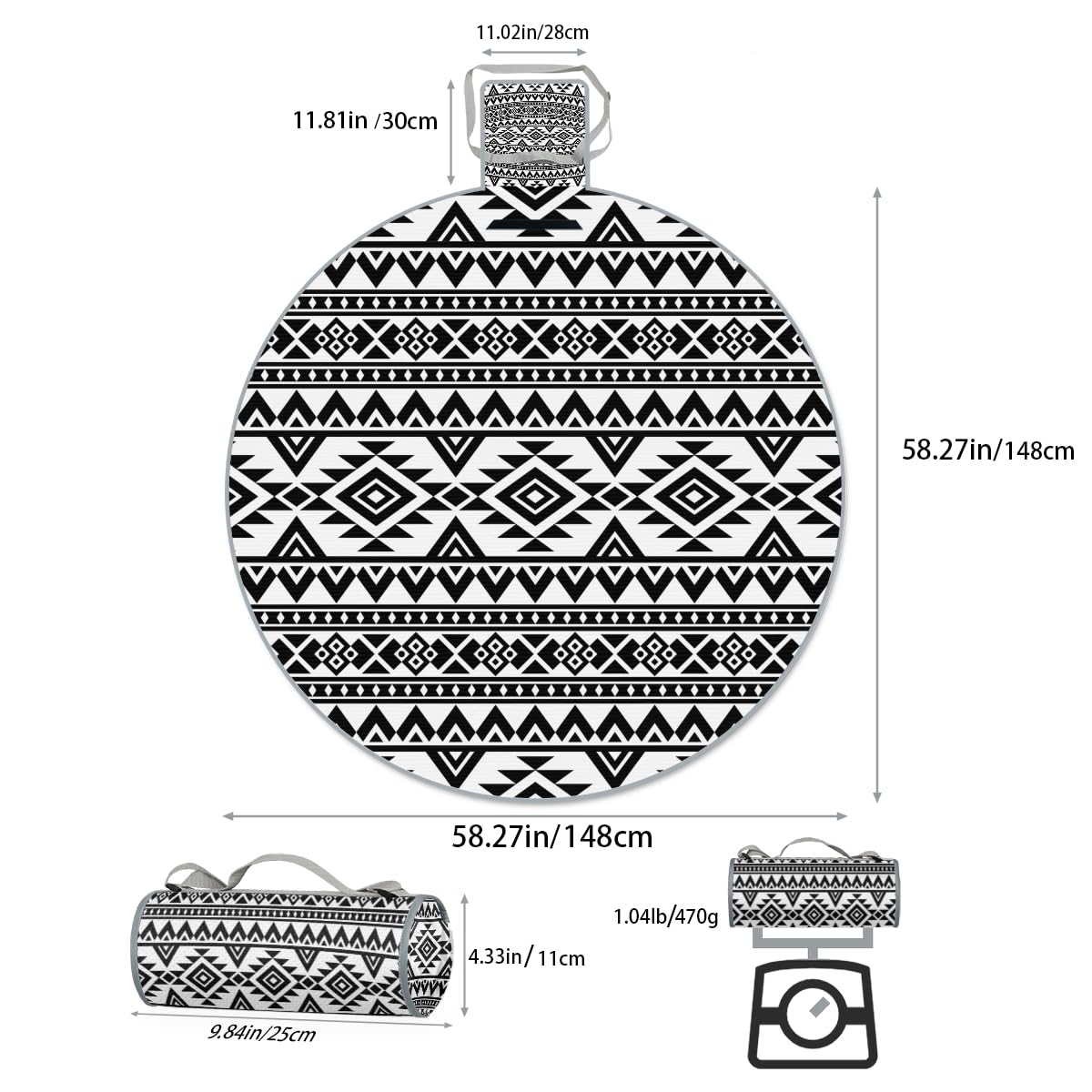 Shimoshe Tribe Ethnic Aztec Geometric Pattern Picnic Outdoor Blanket Foldable Waterproof Sandproof Beach Blanket Portable Water-Resistant Round Picnic Mat for Travel Camping Park Lawn