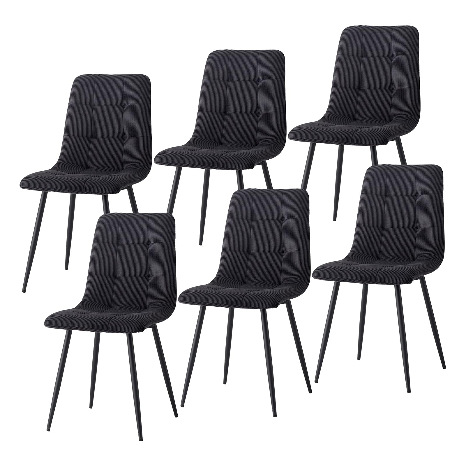 Set di 6 Sedie da Pranzo Nordiche, Sedie da Cucina in Velluto a Coste, Gambe in Metallo Nero, Seduta e Schienale in Spugna ad Alta Densità, Adatte per Soggiorno, Cucina - Nero