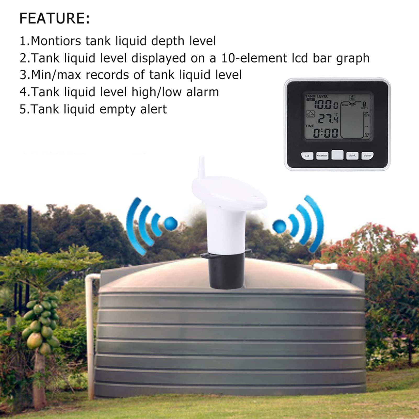 Ultraschall-Wassertank Flüssigkeitstiefen-Füllstandsmesser-Sensor Hoch/Niedrig-Alarm Leerer und Alarm Ultraschall-Füllstandssensor mit Innentank-Temperatur