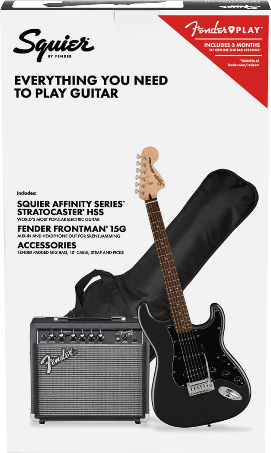 Squier by Fender Pack Affinity HSS Charcoal Frost Metallic ze wzmacniaczem pakiet gitary elektrycznej zawiera darmowe wirtualne kursy Fender Play