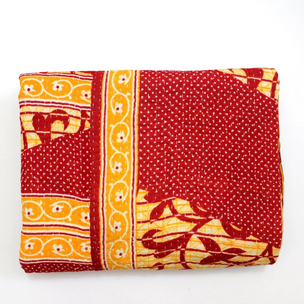 Vintage Throw Kantha Quilt Indian Handmade Bohemian Bedspread Reversible Cotton Ethnic Sari Fabric Embroidered Bedding Blanket Gudari