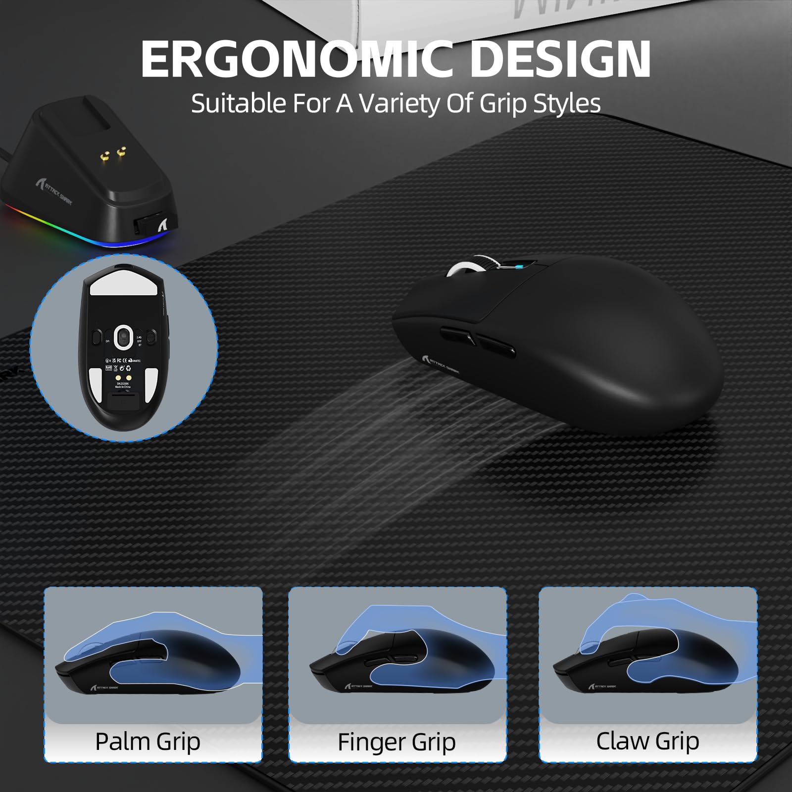 ATTACK SHARK G3PRO Mysz Gamingowa Bezprzewodowa z Magnetyczną Stacją ładującą, Czujnik PixArt PAW3311, do 25000DPI, Bluetooth/2,4GHz/Przewodowa, 500mAh, 59g SUPERLIGHT Myszy do PC/Xbox/PS/Mac - Czarny