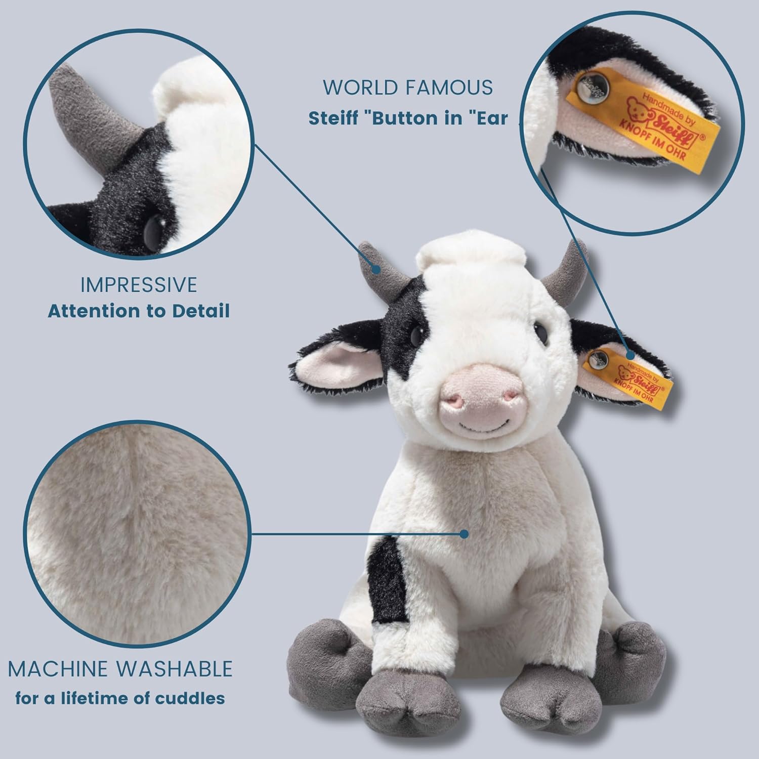 Steiff Cobb Cow Plush Toy, Plush Farm Animal, Premium Stuffed Animal Cow for Kids (Black & White, 9")