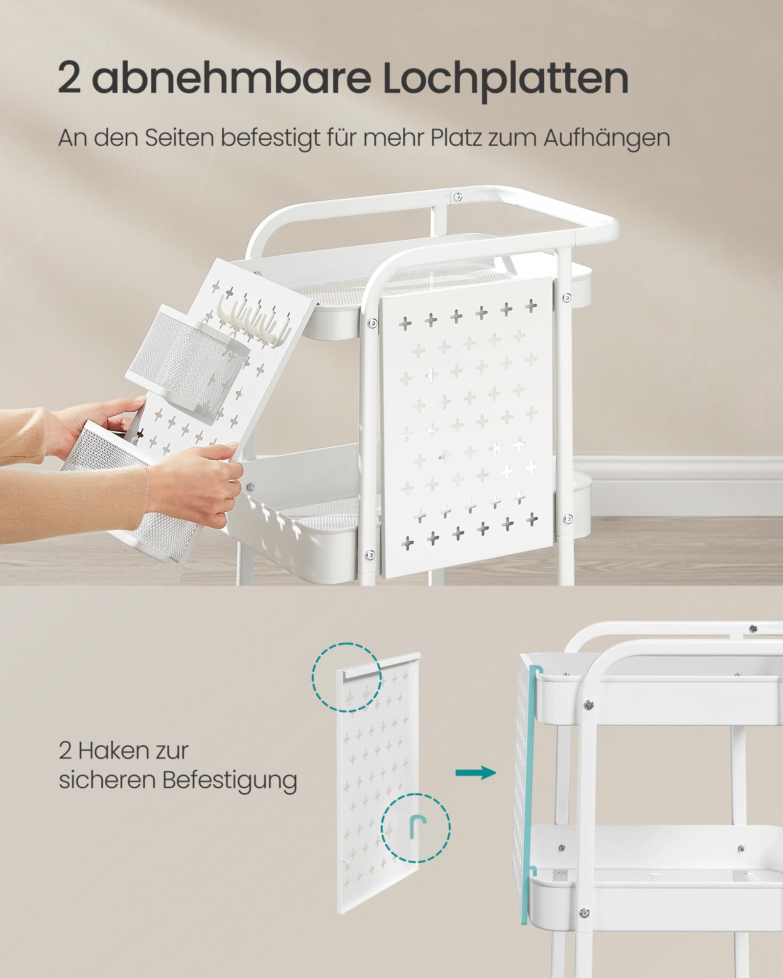 SONGMICS Rollwagen, Küchenwagen, 3 Metallgitterablagen, Servierwagen, 2 abnehmbare Lochplatten, 2 Hängekörbe, 4 Haken, für Büro, Küche, Wohnzimmer, Badezimmer, wolkenweiß LRC037W01