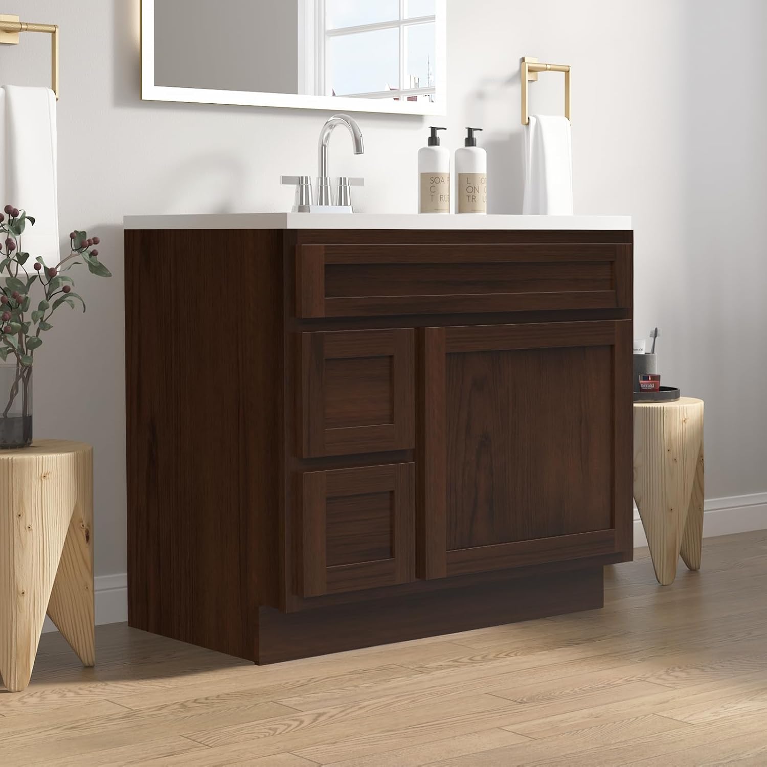 Vanity Art 36 Inch Single Shutter Door Bathroom Vanity Base Cabinet with 2 Functioning Shaker Drawers, Strudy Floor Mount Storage Cabinet Organizer for Bathroom, VA4036-2LB
