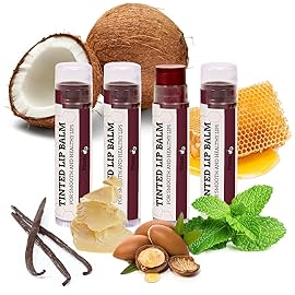 Earth\'s Daughter Tinted Lip Balm Stocking Stuffers 4 Pack of Plum Color - Beeswax, Coconut Oil, Cocoa Butter, Vitamin E -Moisturize and Beautify, Paraben Free