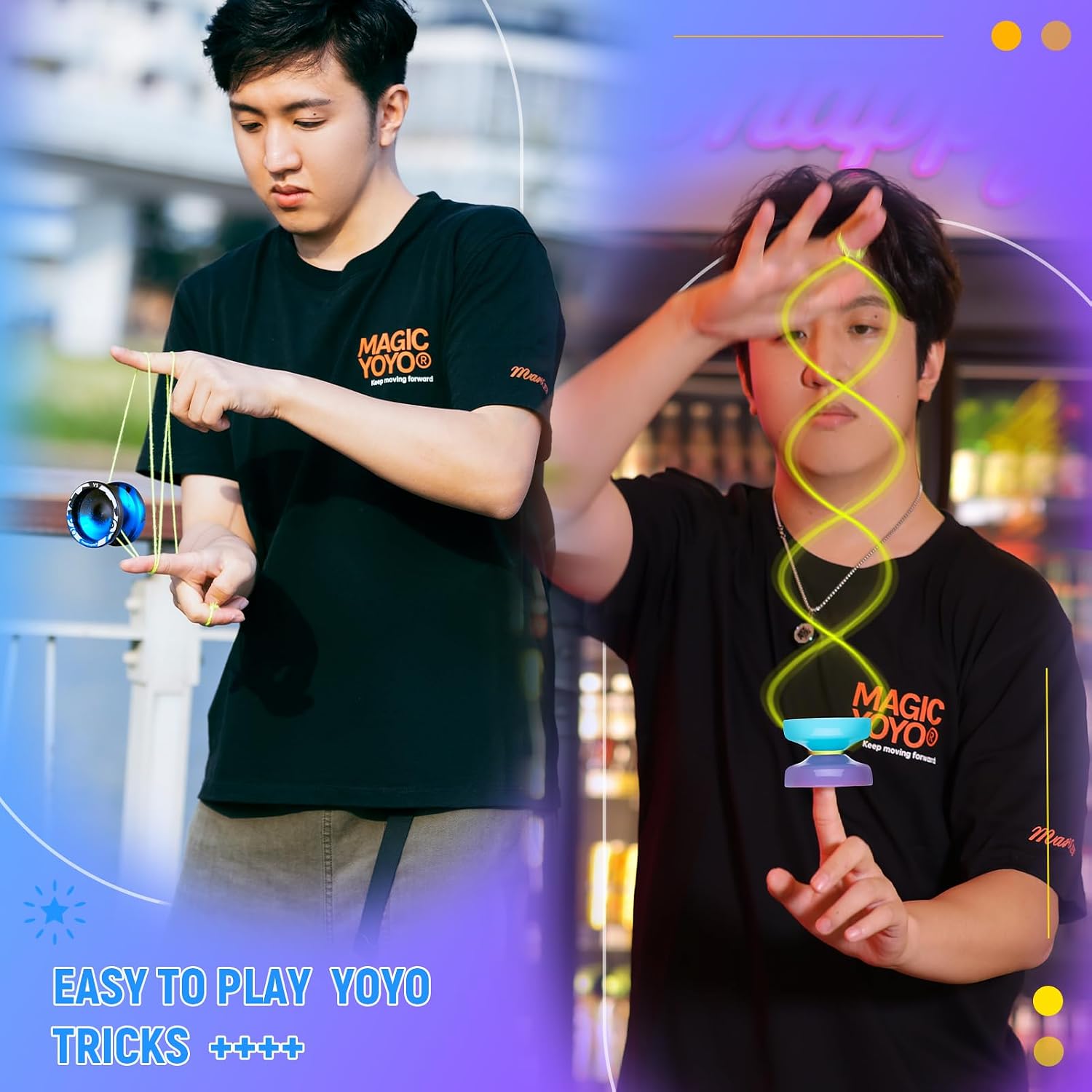 Professional Responsive Yoyo for Kids Beginners, Dual Purpose Yo-Yo for Adults Advanced + Extra Unresponsive Yoyo Bearing + 12 Yo Yo Strings+Storage Bag (K2 Blue Purple + V3 Black Blue)