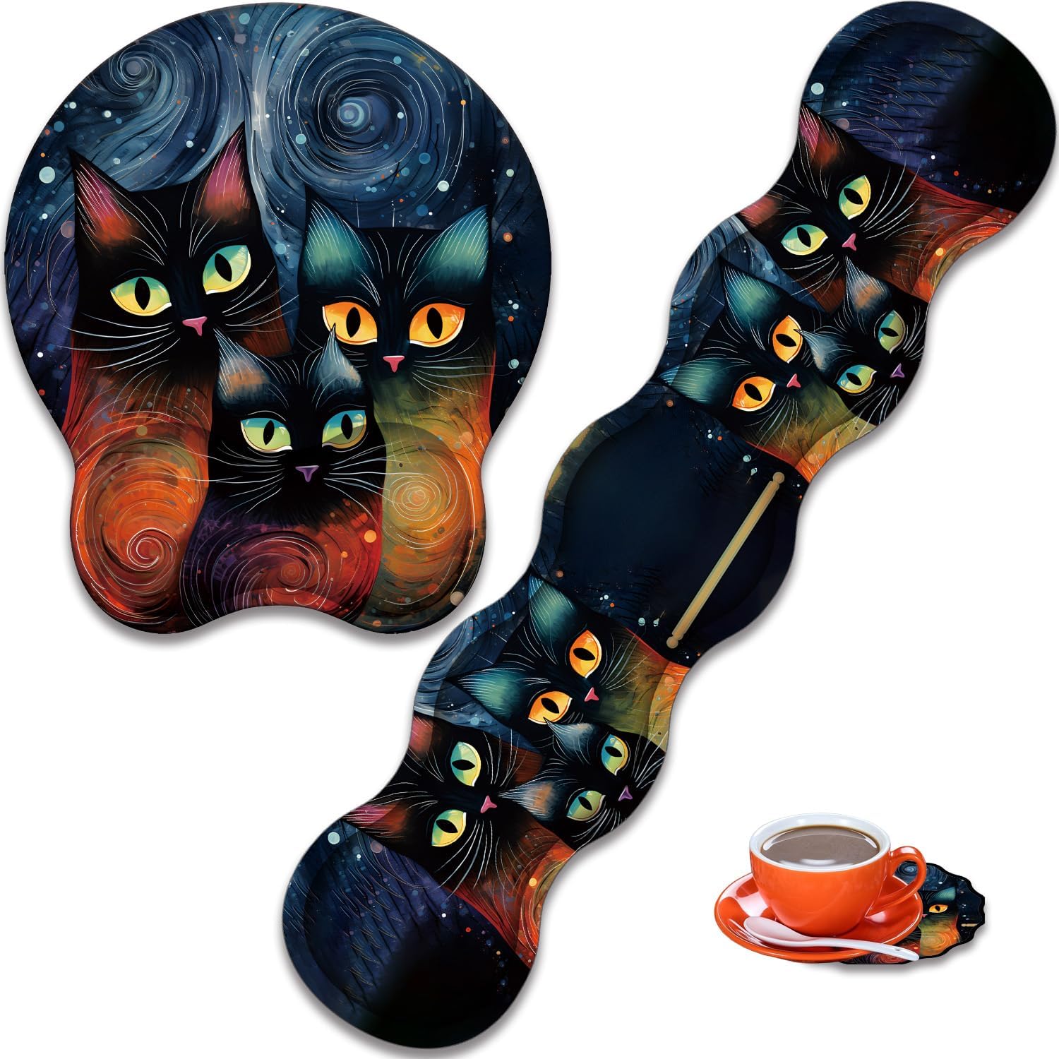 Mouse Wrist Rest and Keyboard Wrist Rest Pad+ Coaster Set, Non-Slip Rubber Base Smooth Surface Ergonomic Gaming Mouse Pad for Easy Typing and Pain Relief, Moon Cat