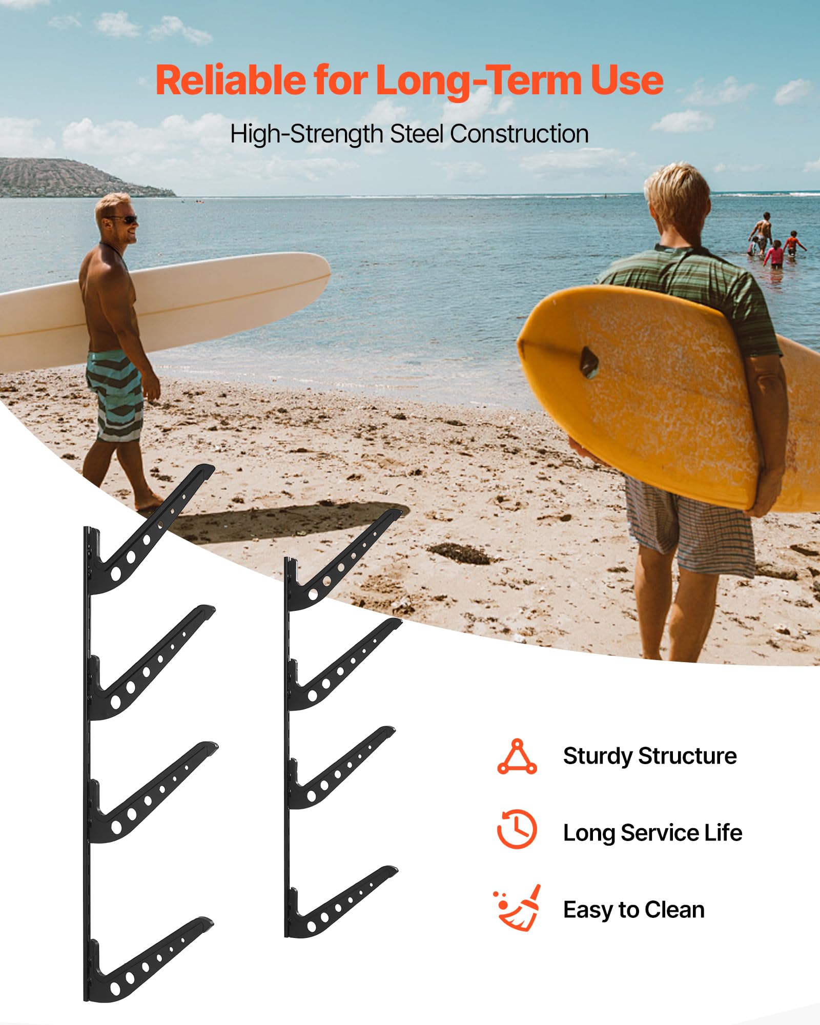 VEVOR Soporte de Pared para Tablas de Surf, Soporte Horizontal para Tablas de Surf de 4 Niveles para Almacenamiento y Exhibición, Organizador Ajustable para Kiteboards, Esquís y Snowboards, Negro
