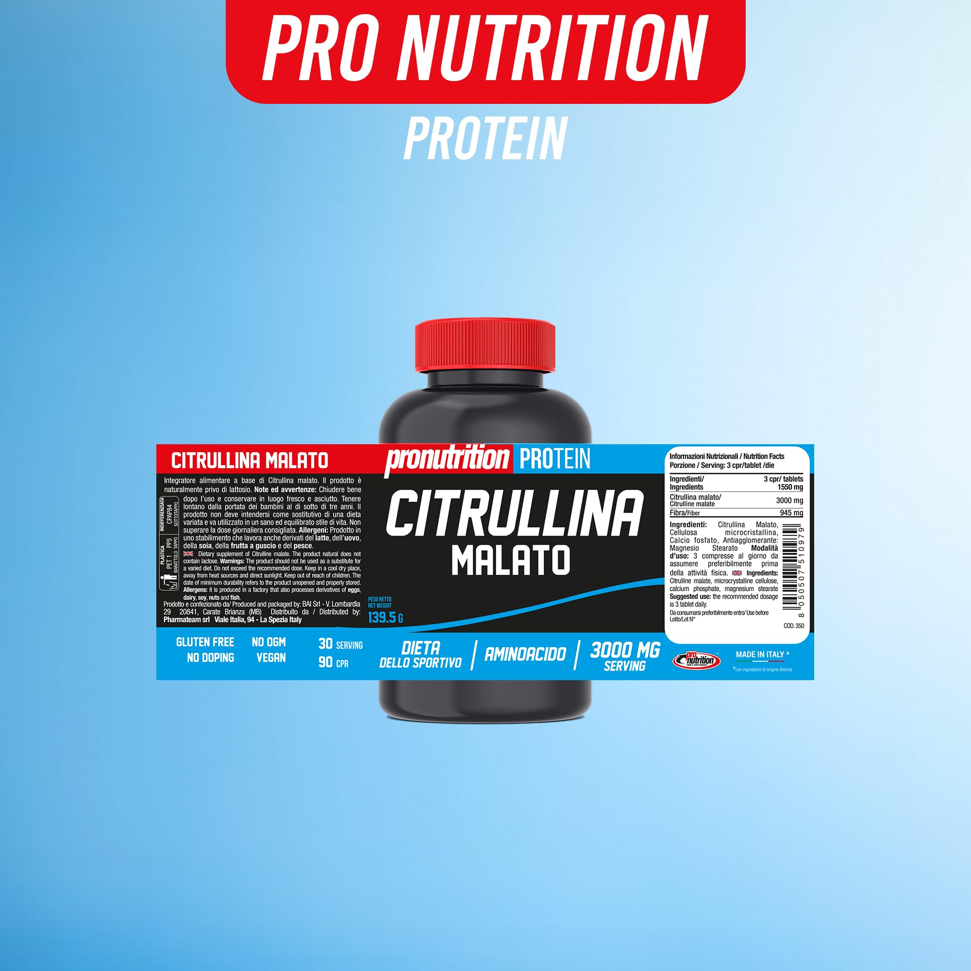 PRO NUTRITION Citrullina Malato 90 cpr 1000 mg, Integratore Alimentare Supporto nell’Allenamento, Eliminazione delle Scorie, Attività Fisica Intensa - Calcio Fosfato, Magnesio Stearato