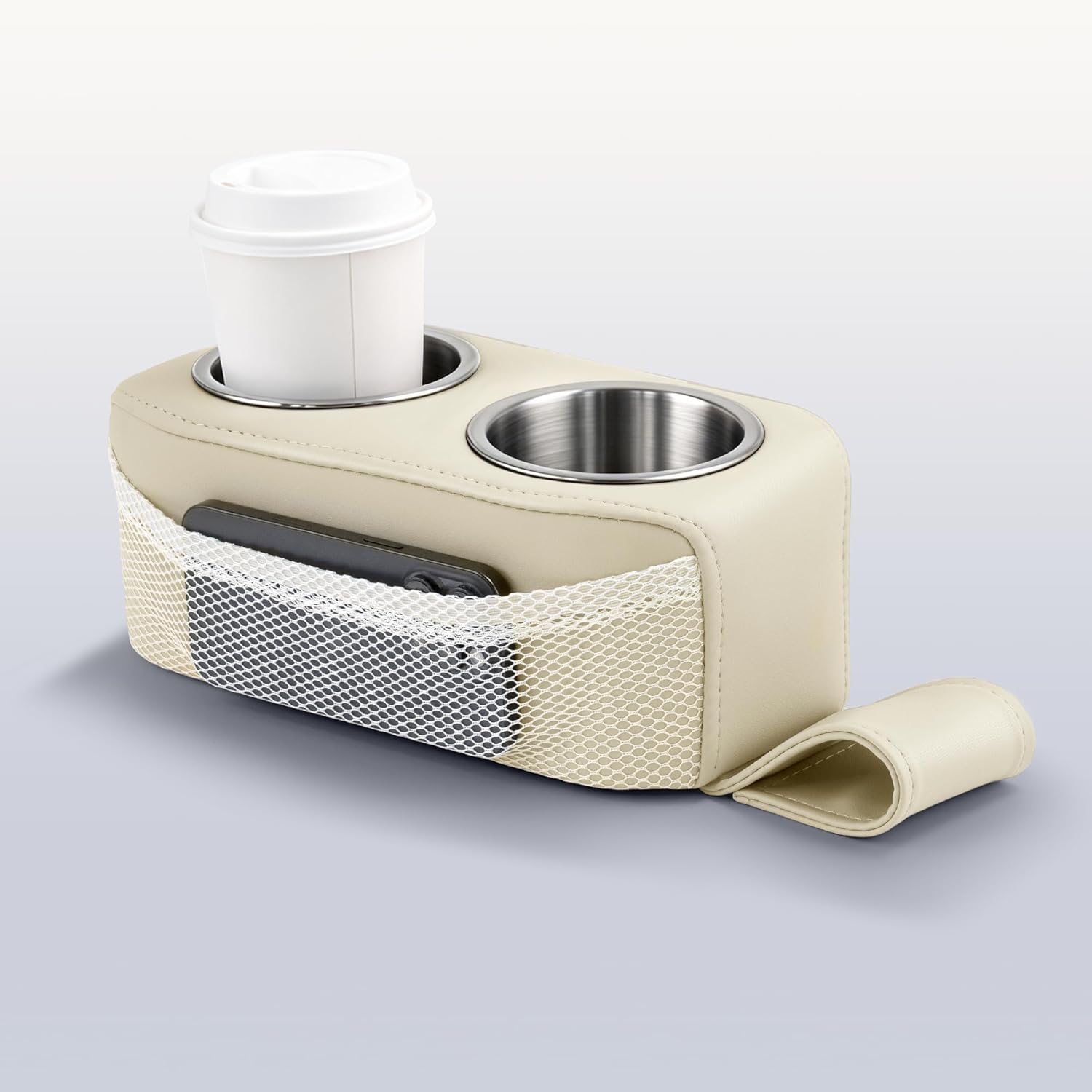 Pontoon Cup Holder, Stainless Steel Double Drink Holder with Side Pocket, Pontoon Boat Cup Holders for Boat Seat,RV,Car（Beige）