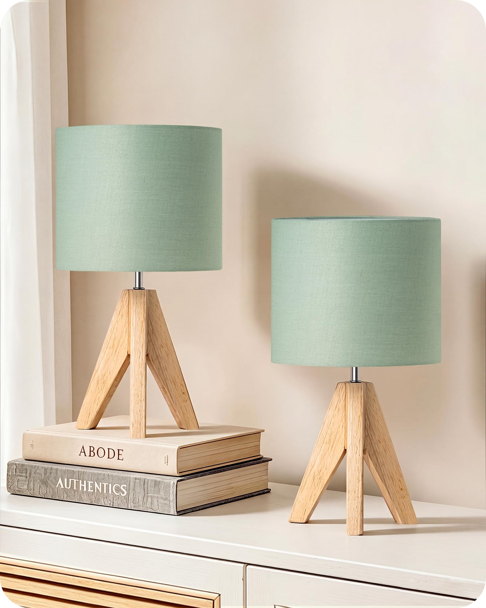 EDISHINE Lámpara de Mesa LED, Pantalla de Lino y Base de Madera, Set de 2 Lámpara de Mesa Moderna, Luz Blanca Cálida 2700K, Lámpara de Mesita E27 para Dormitorio y salón, Bombilla LED 4W Incluida
