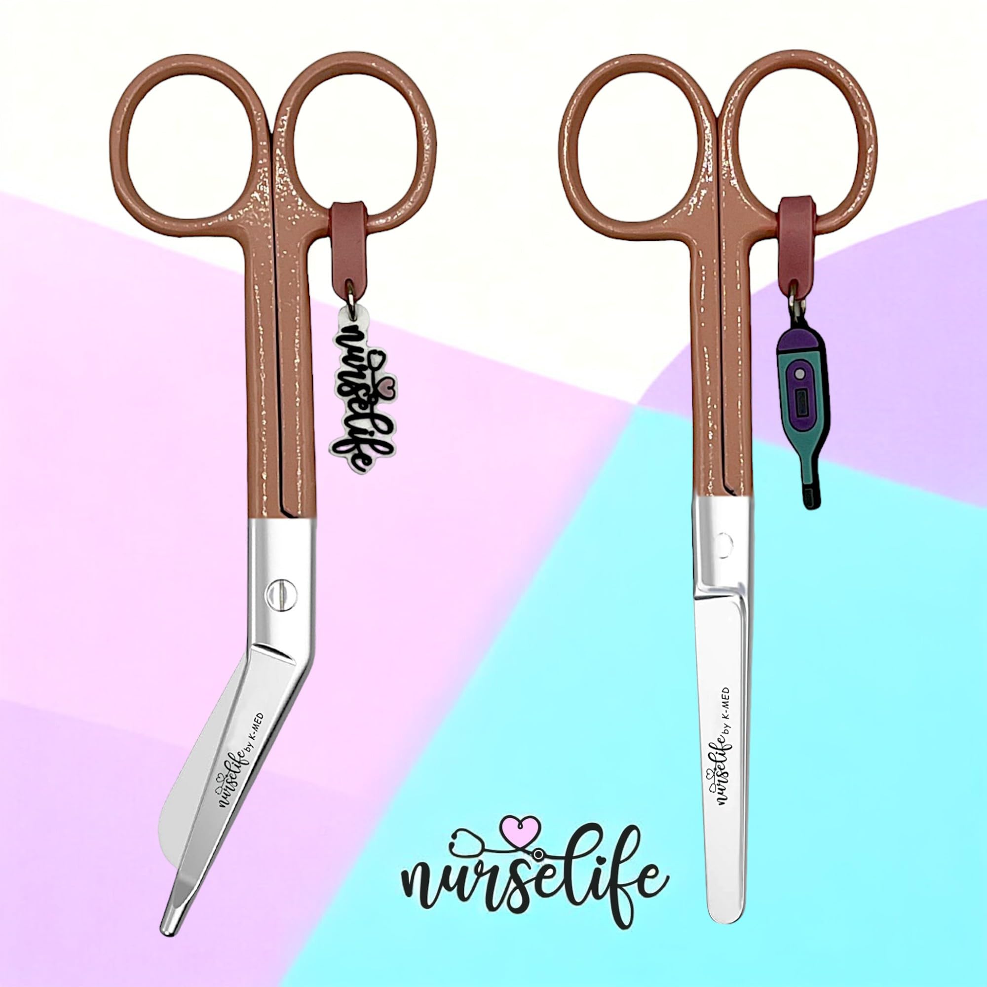 Nurse Life Pack 2 Tijeras Enfermeria Mayo y Pico Pato - Punta Roma | Ideal para Bolsillo y Porta tijeras Enfermeras con Apuros, Punta Redonda Profesional, I love it, Vendaje. Acero pulido. Rosa