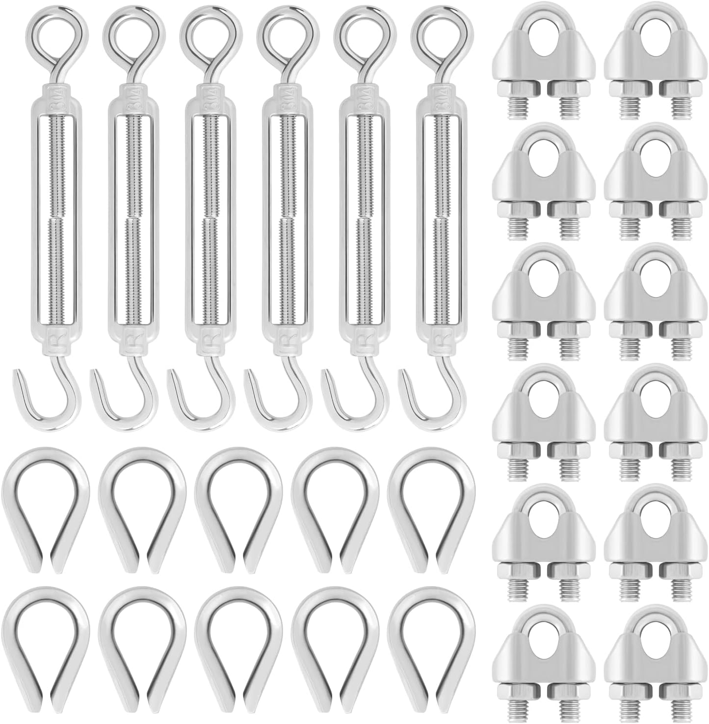 6 Pcs M6 Eye & Hook Turnbuckle Tension Wire Rope, 12 Pcs M3 Wire Rope Cable Clip Clamp, 10 Pcs M3 Stainless Steel Thimble, Stainless Steel Kit Cable Railing Kit